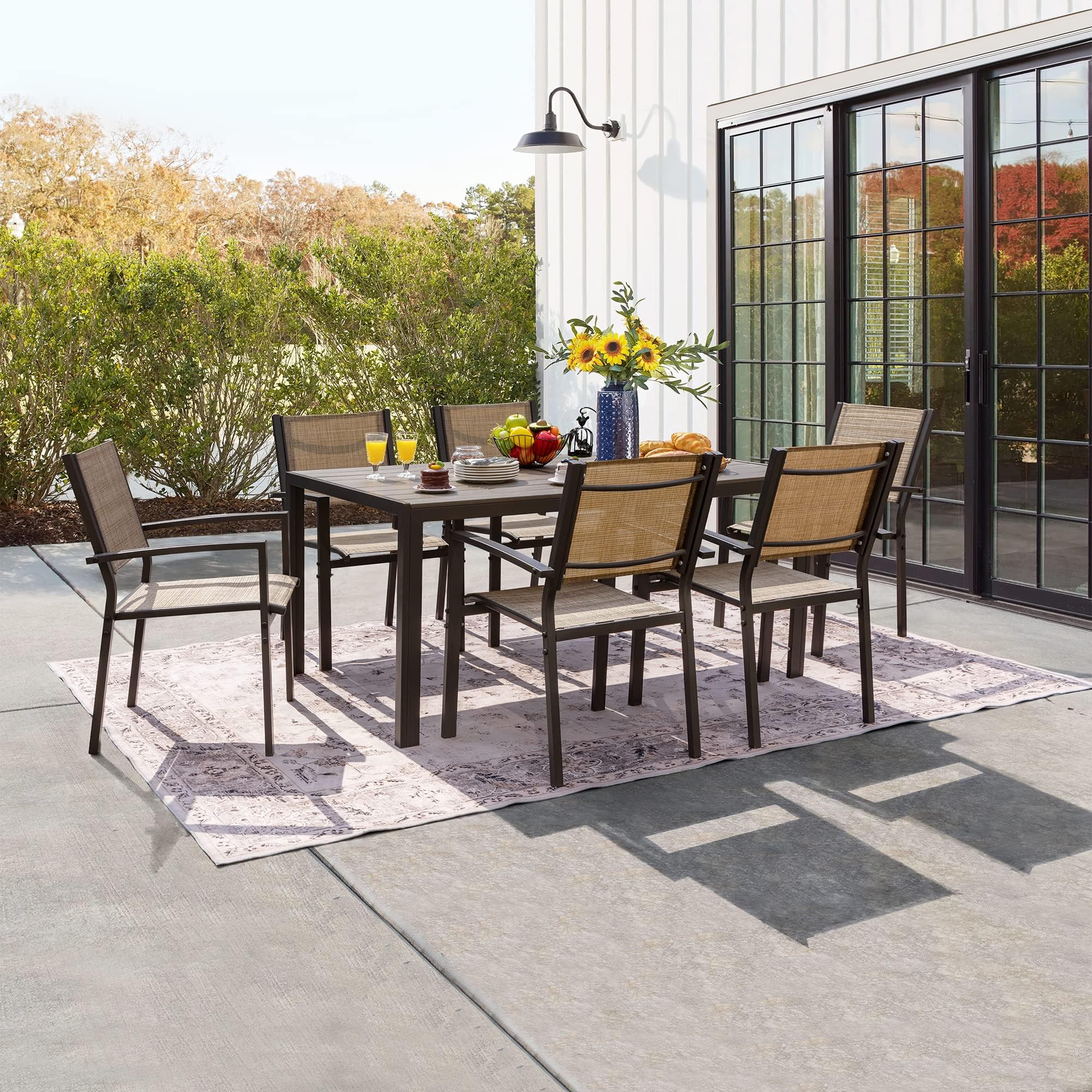 **Flamaker 7-Piece Patio Dining Set - Outdoor Metal Frame Furniture with 6 Textilene Chairs & Rectangular Table - Perfect for Backyard, Lawn, Garden, and Poolside Gatherings (Brown)**