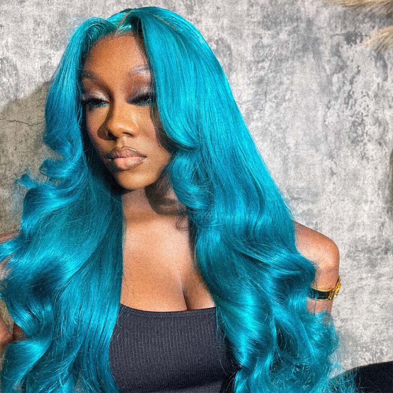 Eullair Turquoise Green Layered Cut Body Wave Wavy Wig with Curtain Bangs - Pre-Colored Glueless Human Hair Lace Frontal Wig for Cosplay, Halloween & Daily Fashion