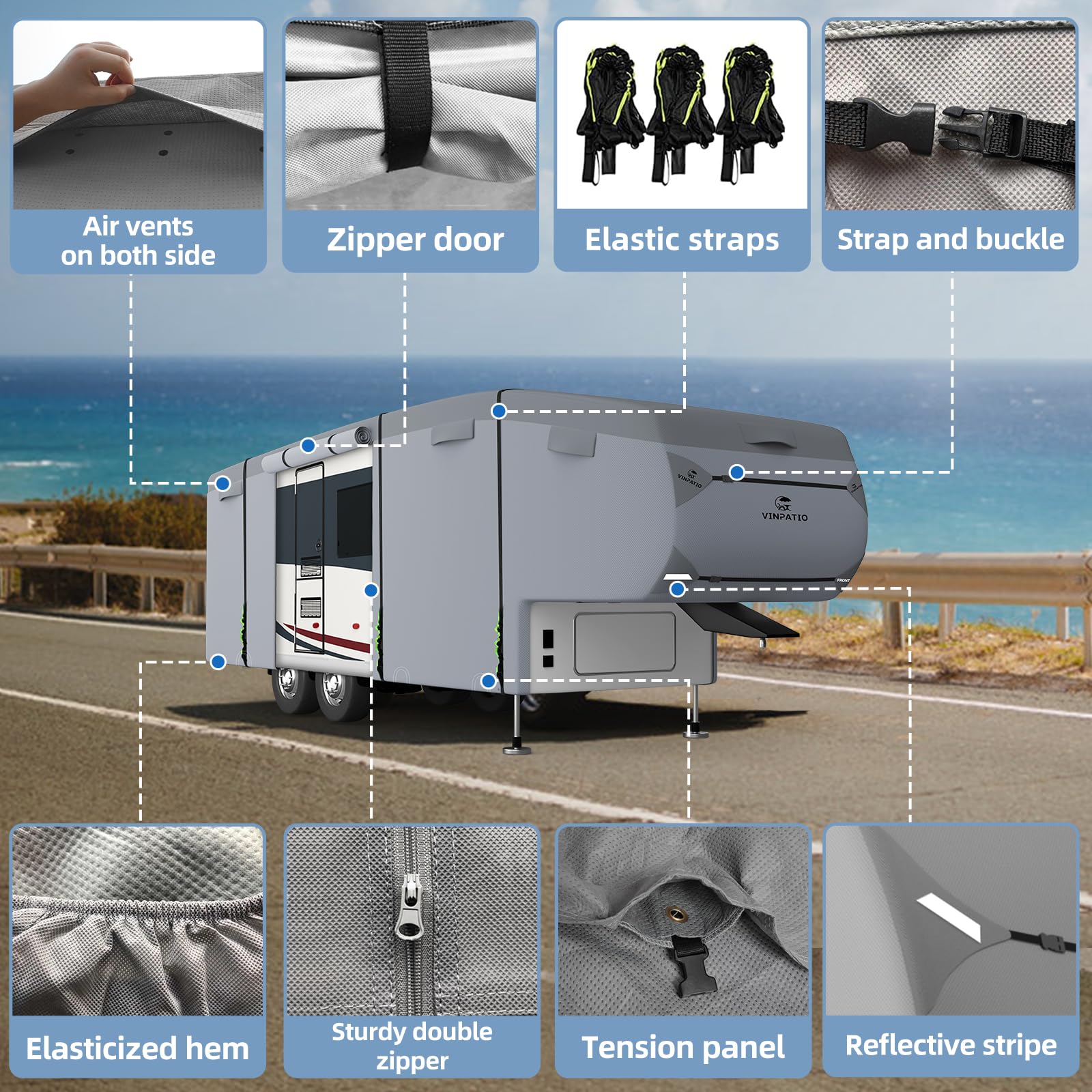 5th Wheel RV Cover Heavy Duty 7-Layer Extra-Thick Waterproof Windproof UV Protection - Fits 28' to 31' Trailers with Gutter Cover & 2 Bonus Straps - Perfect for Winter Storage, Storm Protection & Long-Term Outdoor Parking