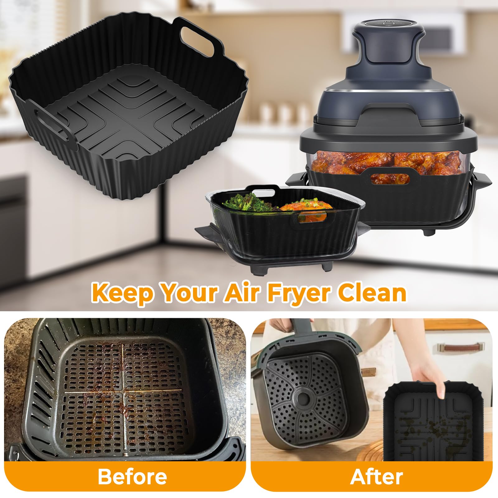 2-Pack Non-Stick Silicone Liners for Ninja Crispi FN101GY Air Fryer - Reusable Accessories Fits 4 QT & 6 Cups Containers (Compatible with FN101ST/FN101SG/FN101CGY) - Perfect for Baking, Roasting & Healthy Cooking