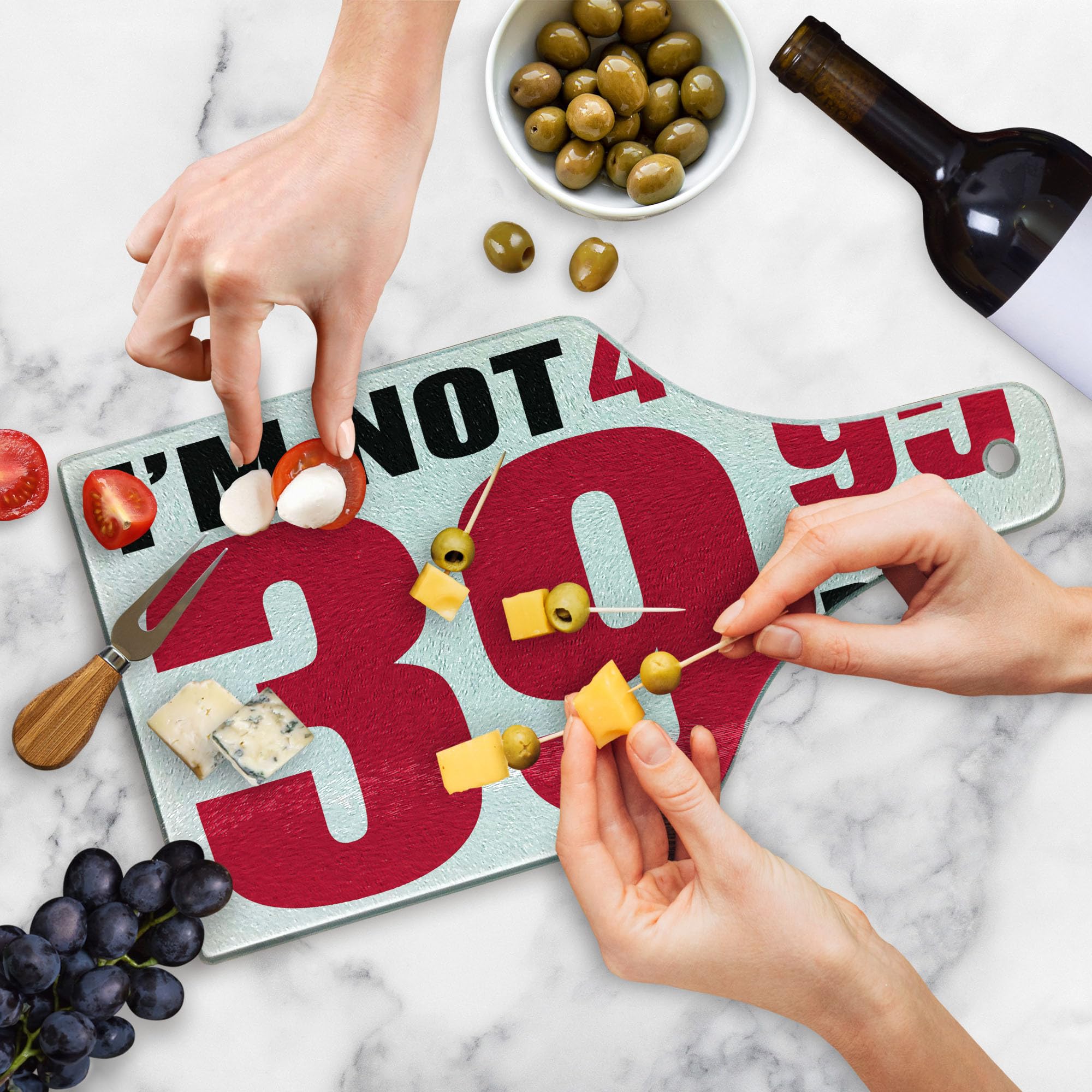 Ambesonne 40th Birthday Cutting Board - Funny 40th Birthday Gift with Humorous Pictogram Design - Tempered Glass Serving Board in Wine Bottle Shape (Hot Pink/Black/White) - Perfect for Birthday Parties, Kitchen Decor & Wine Cheese Platters