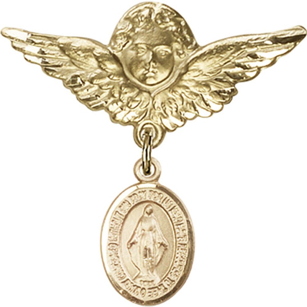 Gold Filled Baby Badge with Miraculous Charm & Angel Wing Pin - 1 1/8 X 1 1/8 Inch Religious Jewelry - Perfect for Baptism, Christening & First Communion Gifts