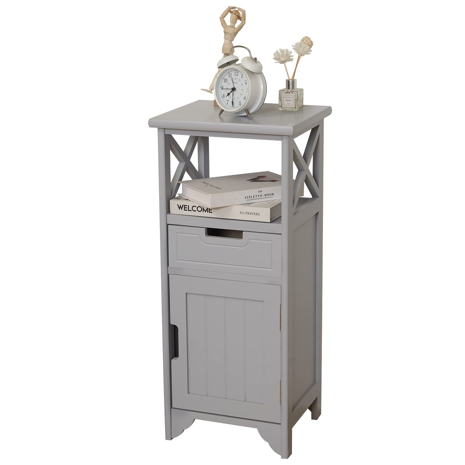 BECTSBEFF Tall End Table with Shelf and Drawer - Narrow Side Table, Nightstand, or Cabinet for Living Room, Bedroom, Bathroom & Entryway - Ready-to-Use Gray Standing Cabinet (Perfect for Small Spaces & Home Organization)