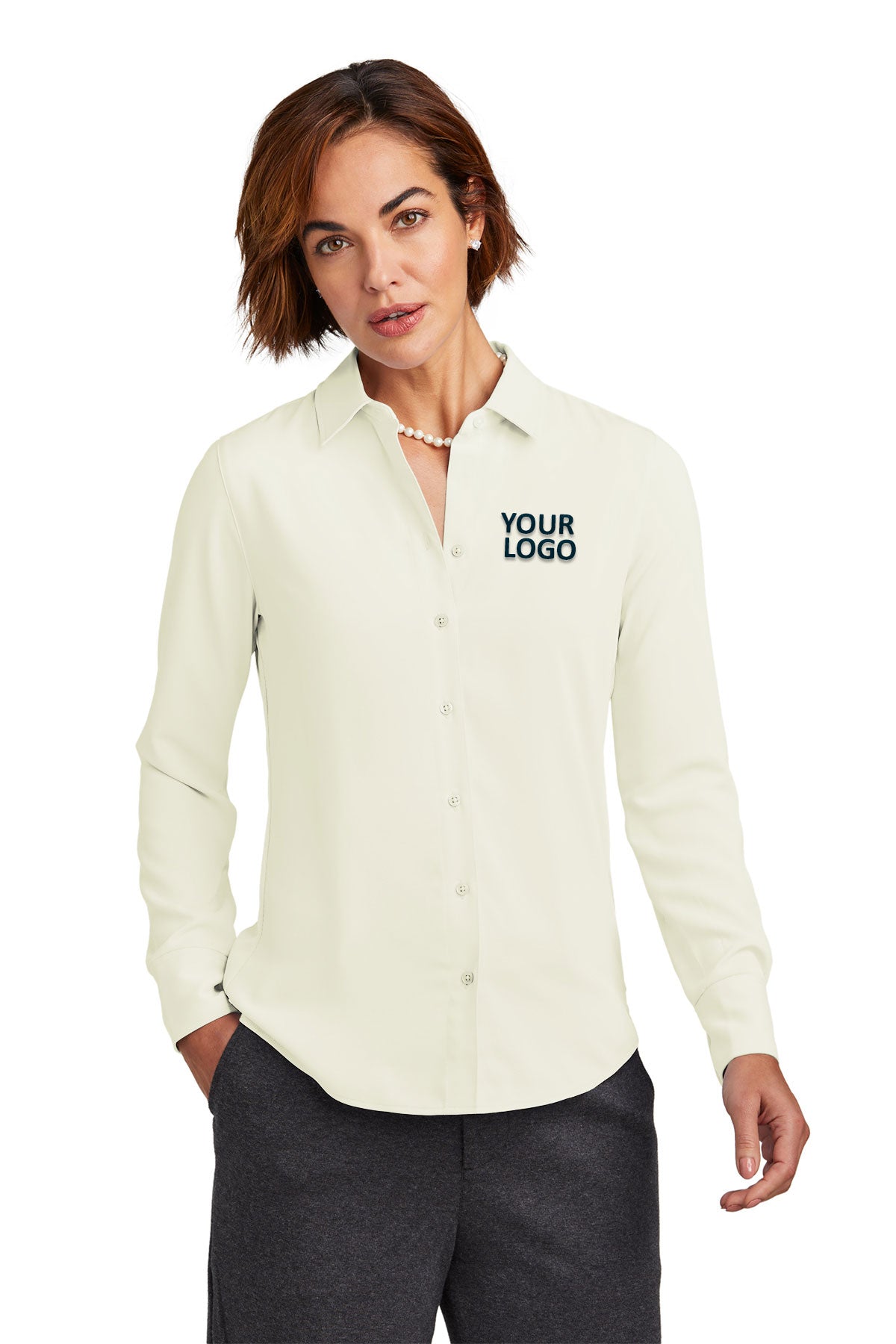 Brooks Brothers Women's Full Button Satin Blouse in Off White | Elegant Office Wear & Formal Attire for Professional Women