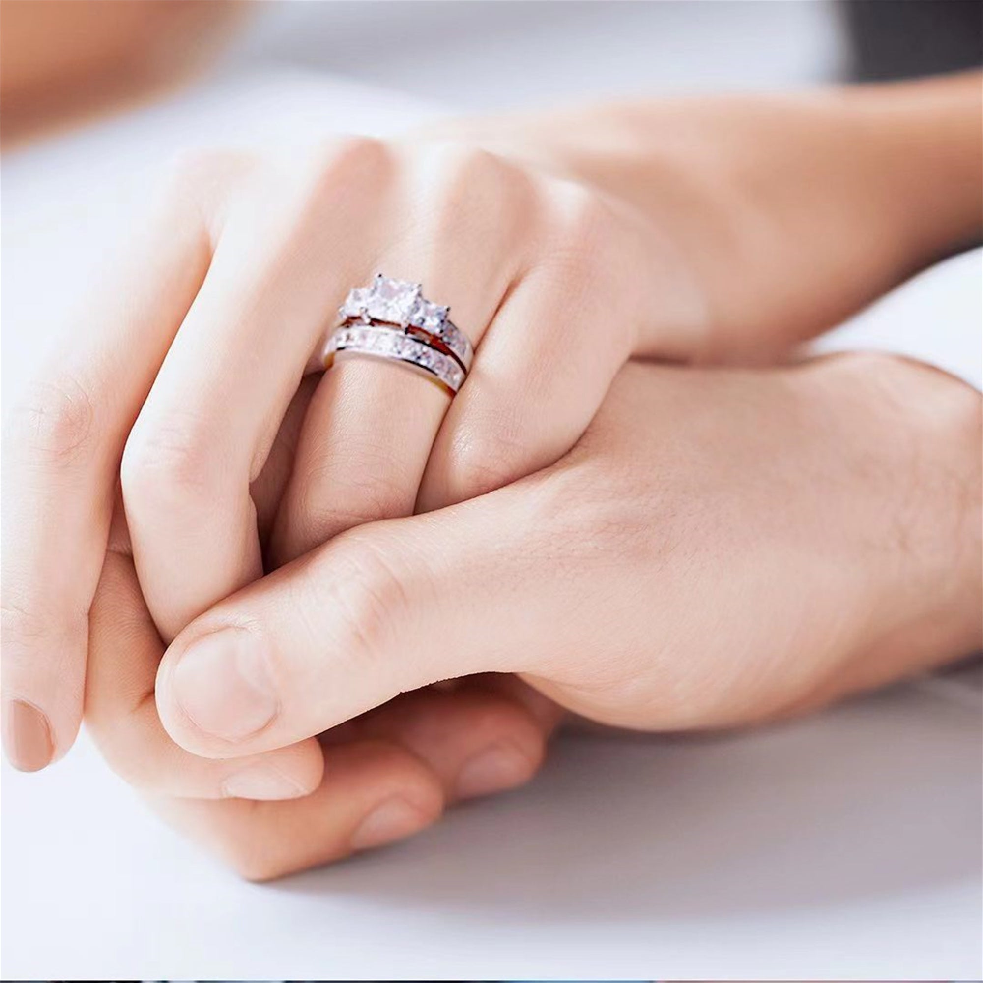 Princess Cut CZ Sterling Silver Three Stone Wedding Engagement Ring Set for Women - Elegant Bridal Jewelry Gift for Anniversary, Proposal & Special Occasions