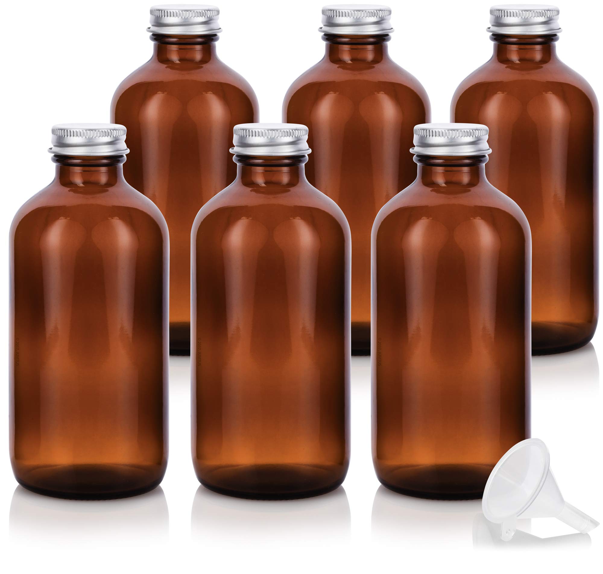 JUVITUS 8 oz Amber Glass Boston Round Bottles with Silver Metal Screw Caps (6-Pack) + Free Funnel - Perfect for Essential Oils, DIY Beauty Products, Herbal Tinctures & Home Brewing