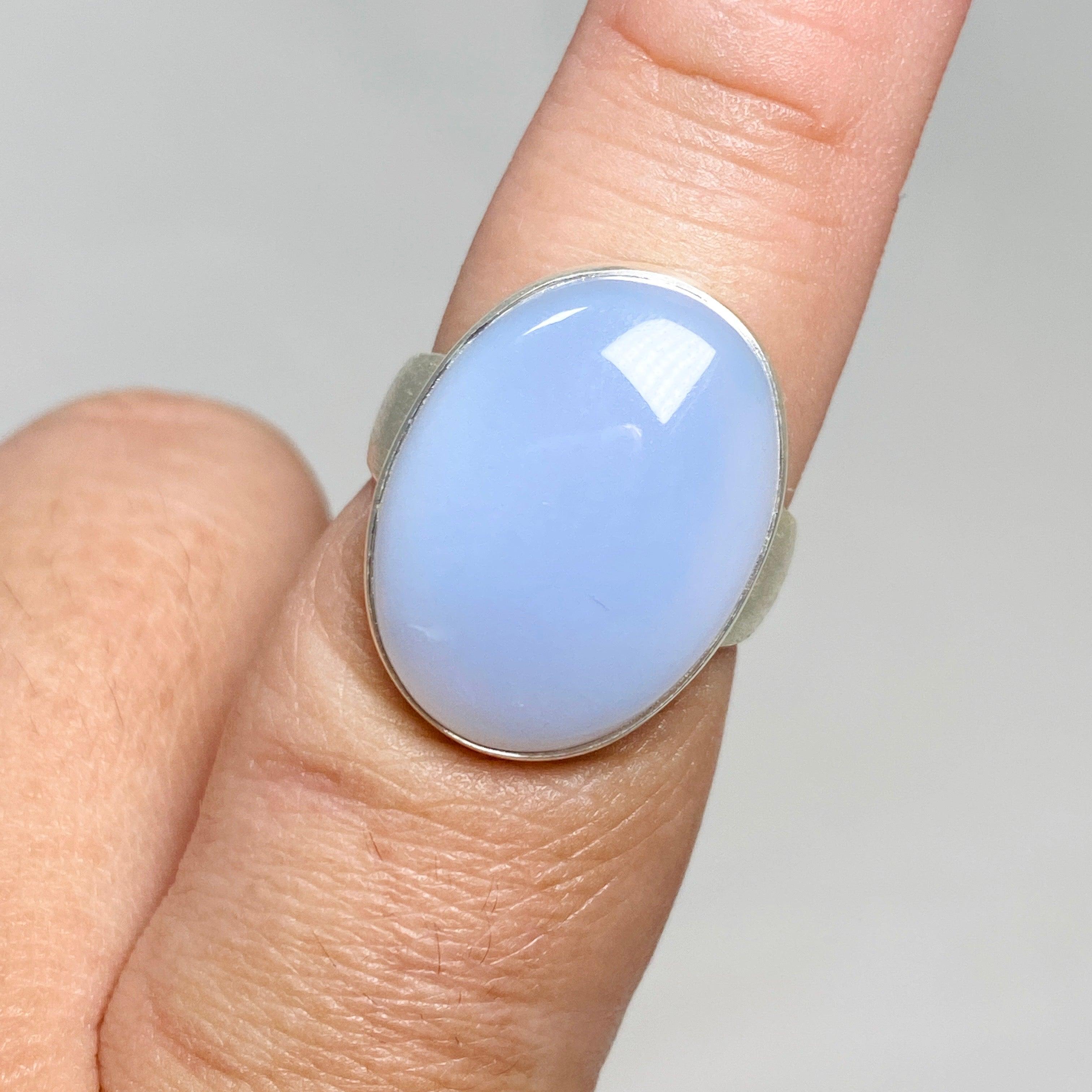 Blue Chalcedony Oval Ring with Brushed Band - Size 9 Sterling Silver Women's Jewelry KRGJ3245 | Elegant Gift for Birthday, Anniversary & Everyday Wear