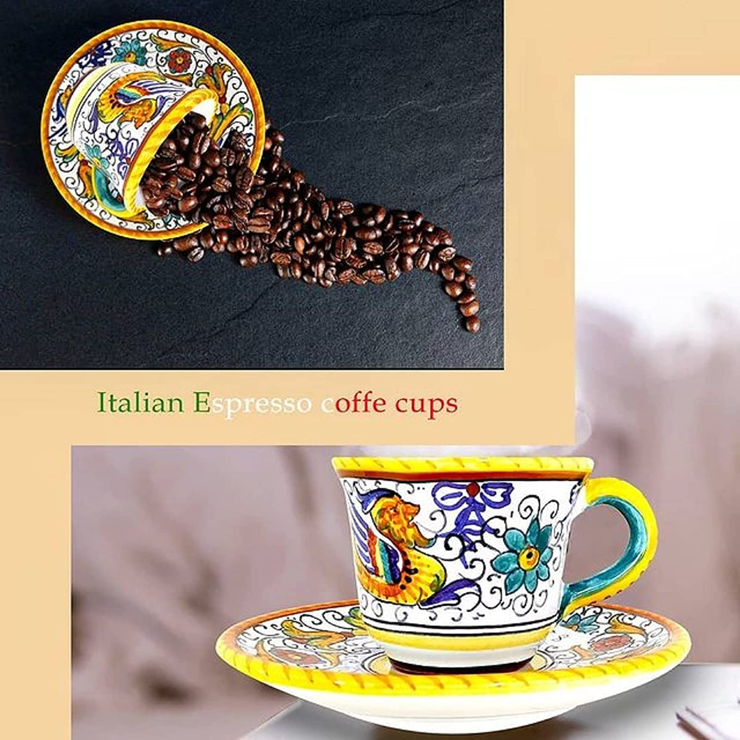 Handcrafted Deruta Italy Raffaellesco Espresso Cup & Saucer Set - 1.5oz/45mL Authentic Italian Ceramic Coffee Cup - Hand-Painted Traditional Deruta Pottery for Espresso, Cappuccino & Home Decor