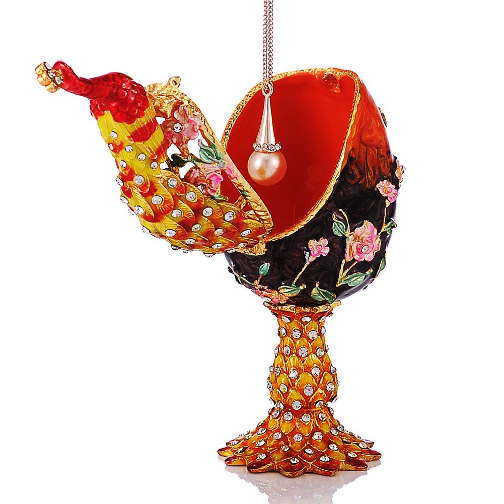 QIFU Hand-Painted Orange Peacock Easter Egg Enamel Jewelry Box - Unique Gift for Women, Mothers, Collectors | Perfect for Easter Decor, Home Display & Jewelry Storage