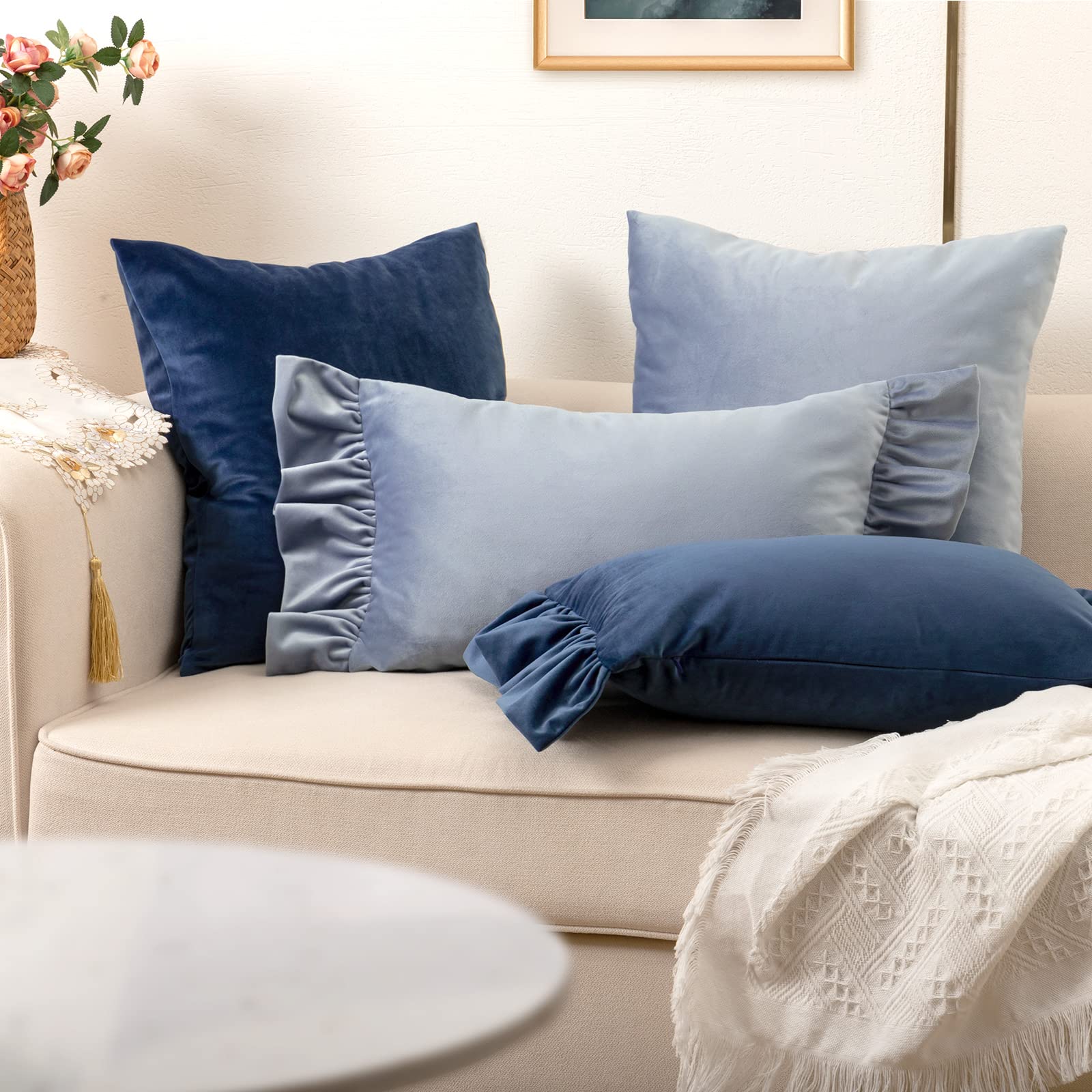 Tayis Blue Throw Pillow Covers Set of 4 - Velvet Ruffle Decorative Lumbar & Square Cushion Cases (12x20 inches) for Sofa, Couch, Bedroom & Living Room - Soft Home Decor Accent Pillows for Cozy Comfort