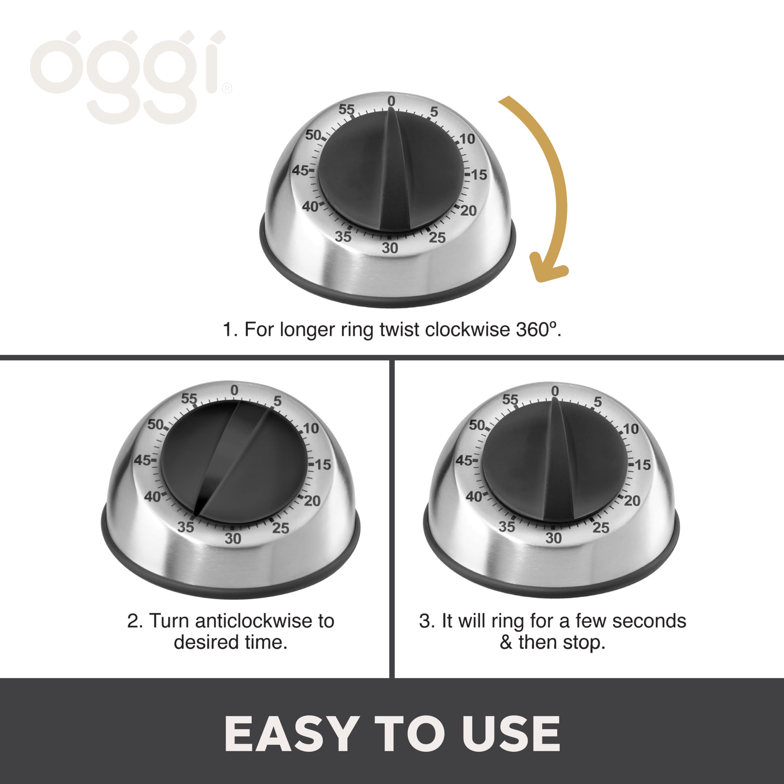 OGGI 60-Minute Countdown Kitchen Timer - Stainless Steel Cooking Timer for Baking, Exercise & Time Management | Durable Kitchen Gadget & Essential Cooking Accessory