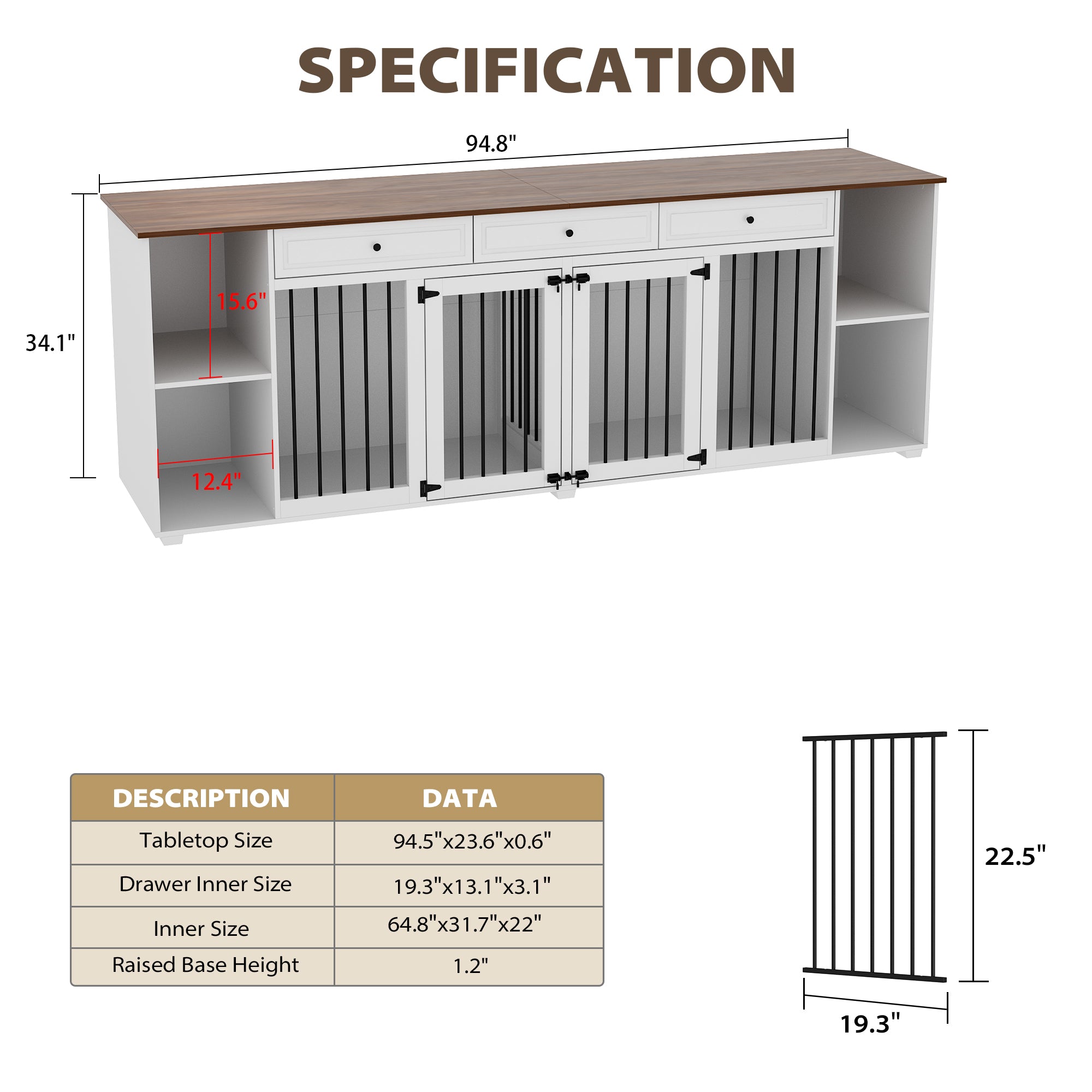 Stylish Large Dog Crate Furniture with 3 Storage Drawers & 4 Compartments - Perfect for Living Room, Bedroom or Office Pet Space