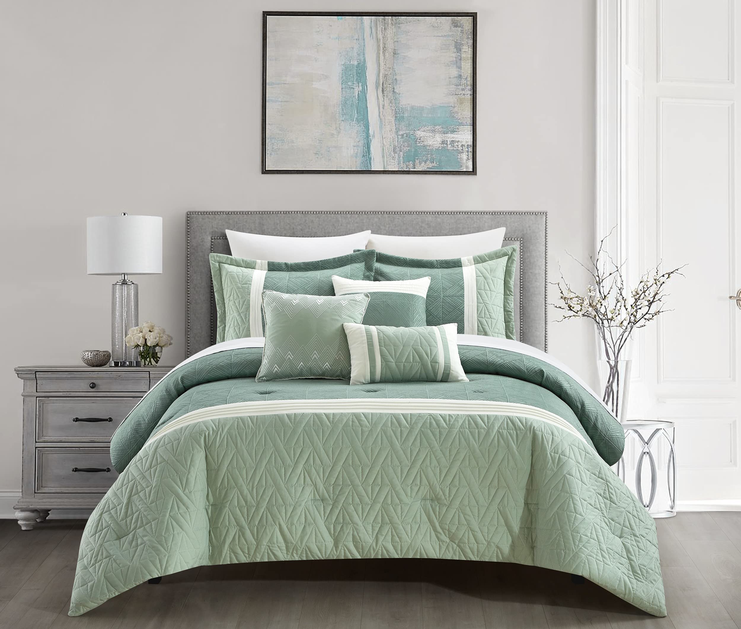 Chic Home Macie 6-Piece Queen Comforter Set - Jacquard Woven Geometric Design with Pleated Quilted Details, Includes Decorative Pillows & Shams, Green | Perfect for Modern Bedroom Decor & Guest Room Styling