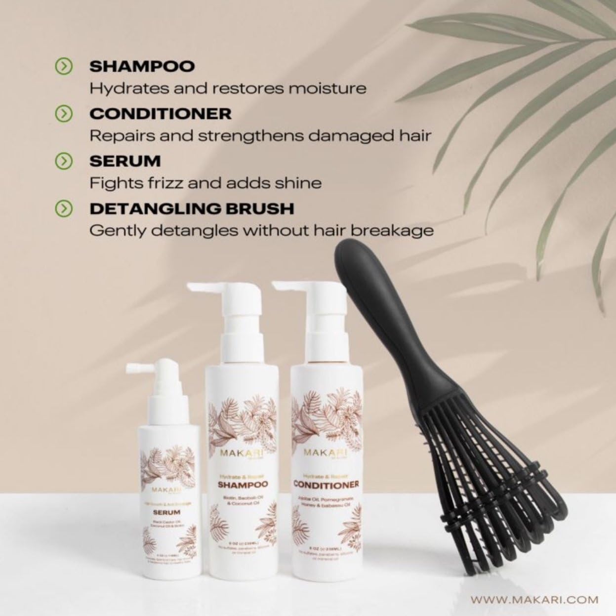 **Makari Hair Care Set with Shampoo, Conditioner, Serum & Hair Brush | Nourishes Scalp, Strengthens Hair, Reduces Dryness & Adds Shine | For All Hair Types | Perfect for Daily Use, Salon-Like Results at Home**
