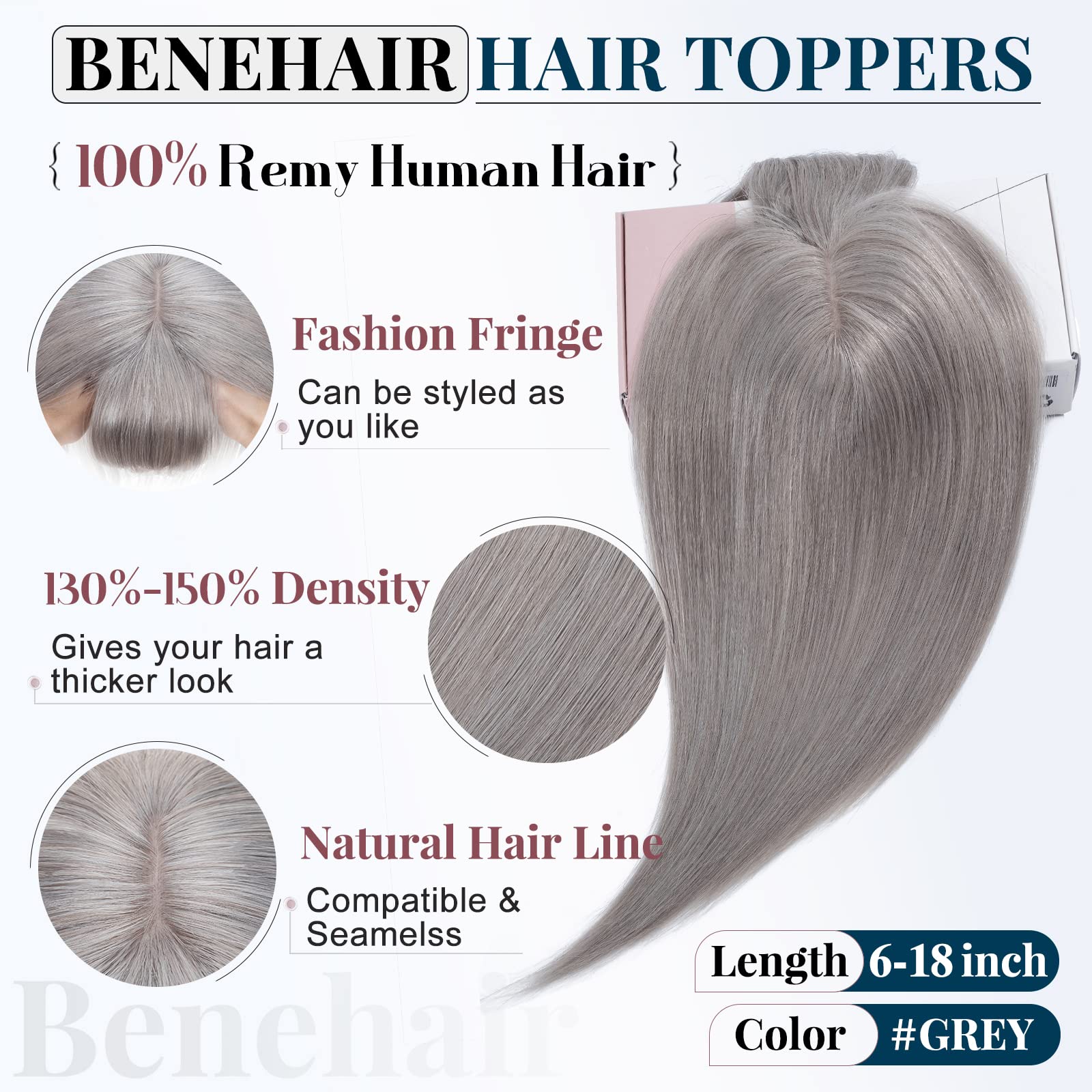 Benehair Clip in Hair Topper with Bangs - 100% Human Hair Top Hairpiece for Women with Thinning Hair | 10 Inch 33g Grey Wiglet | Natural Fringe Bang Replacement | Perfect for Daily Wear, Special Occasions & Hair Loss Solutions