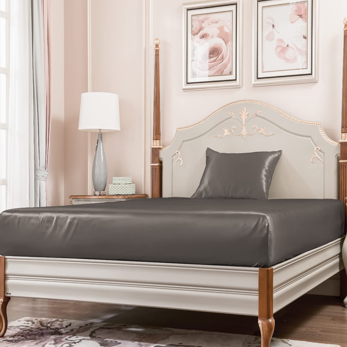Premium 2-Piece 100% Mulberry Silk Bedding Set - 22 Momme Grade 6A Twin Size Fitted Sheet & Pillowcase - Cooling Silk Sheets for Hair & Skin Care - Luxury Grey Bed Linens for Hot Sleepers & Sensitive Skin - Perfect for Summer Nights & Spa-Like Comfort