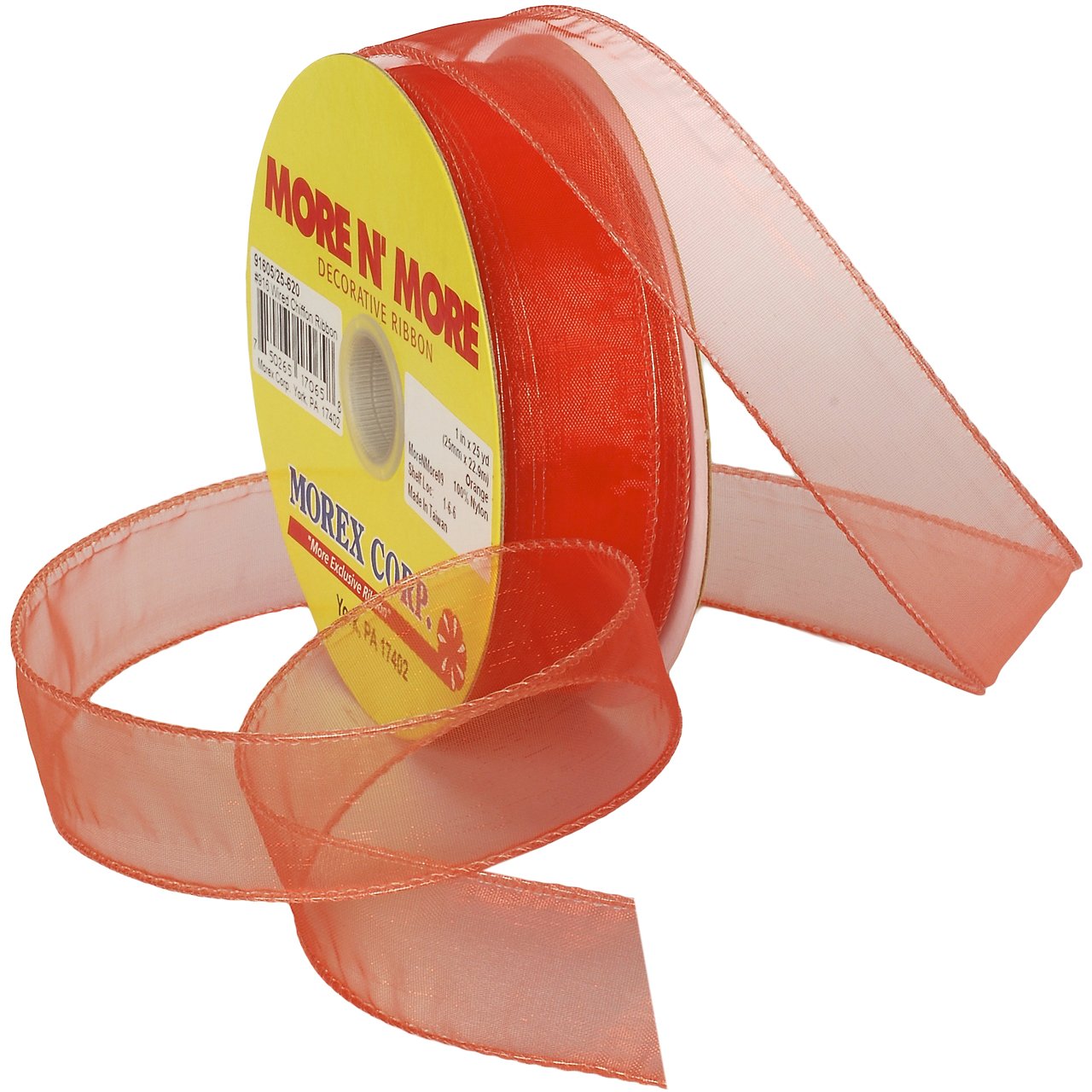 Morex 1-Inch Orange Chiffon Ribbon with Wire Edge - 25 Yard Spool for Gift Wrapping, DIY Crafts, and Wedding Decorations