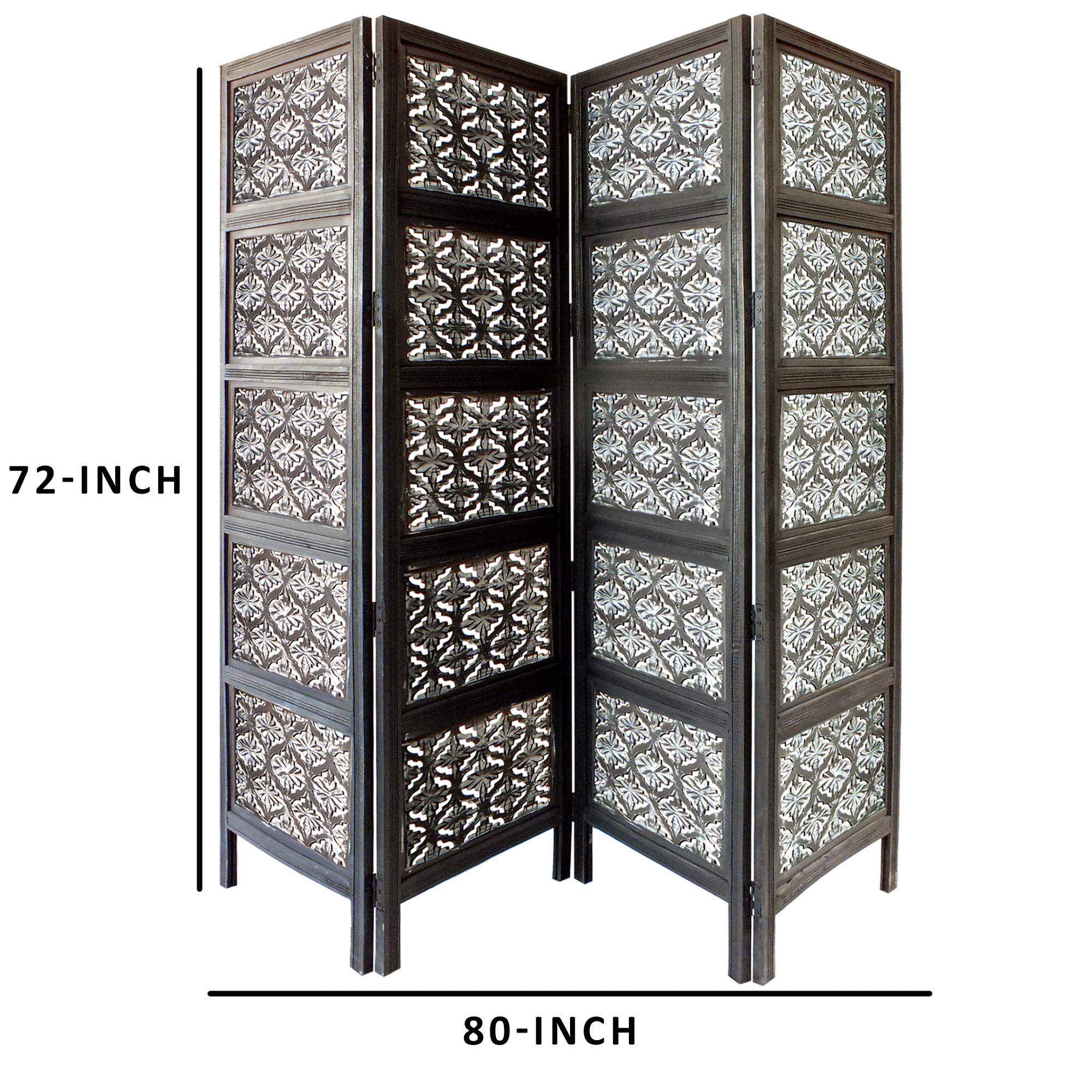 TUP The Urban Port Black & White 4-Panel Mango Wood Room Divider with Traditional Carvings - Handcrafted Privacy Screen for Living Room, Bedroom or Office Space