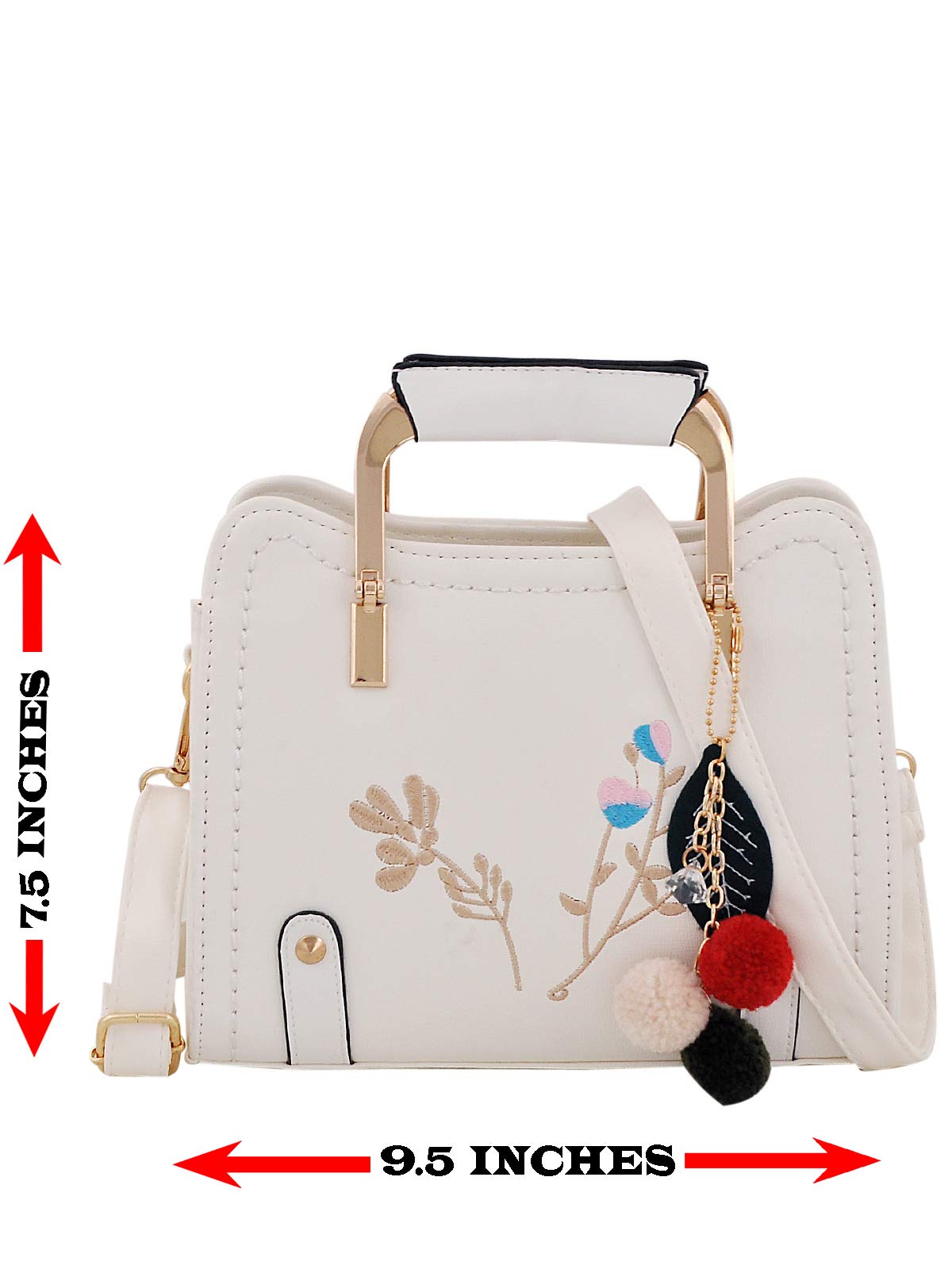 MARK & KEITH Women's Floral Embroidery Handbag with Golden Grace Handle & Pom Pom - Stylish Crossbody Purse, Fashion Tote Bag for Daily Use, Work, Travel & Special Occasions