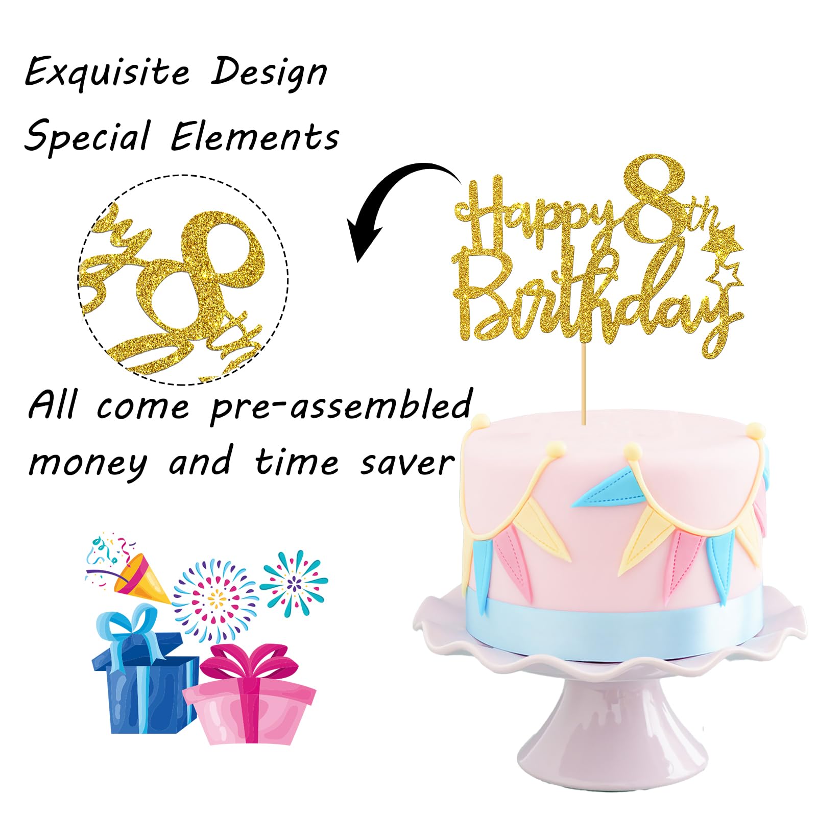 Gold Glitter Happy 8th Birthday Cake Topper - 8 Sign Cake Decoration - Cheers to 8 Years Party Supplies - 8th Birthday Party Decorations for Girls & Boys - Perfect for Birthday Cakes, Cupcakes & Dessert Tables