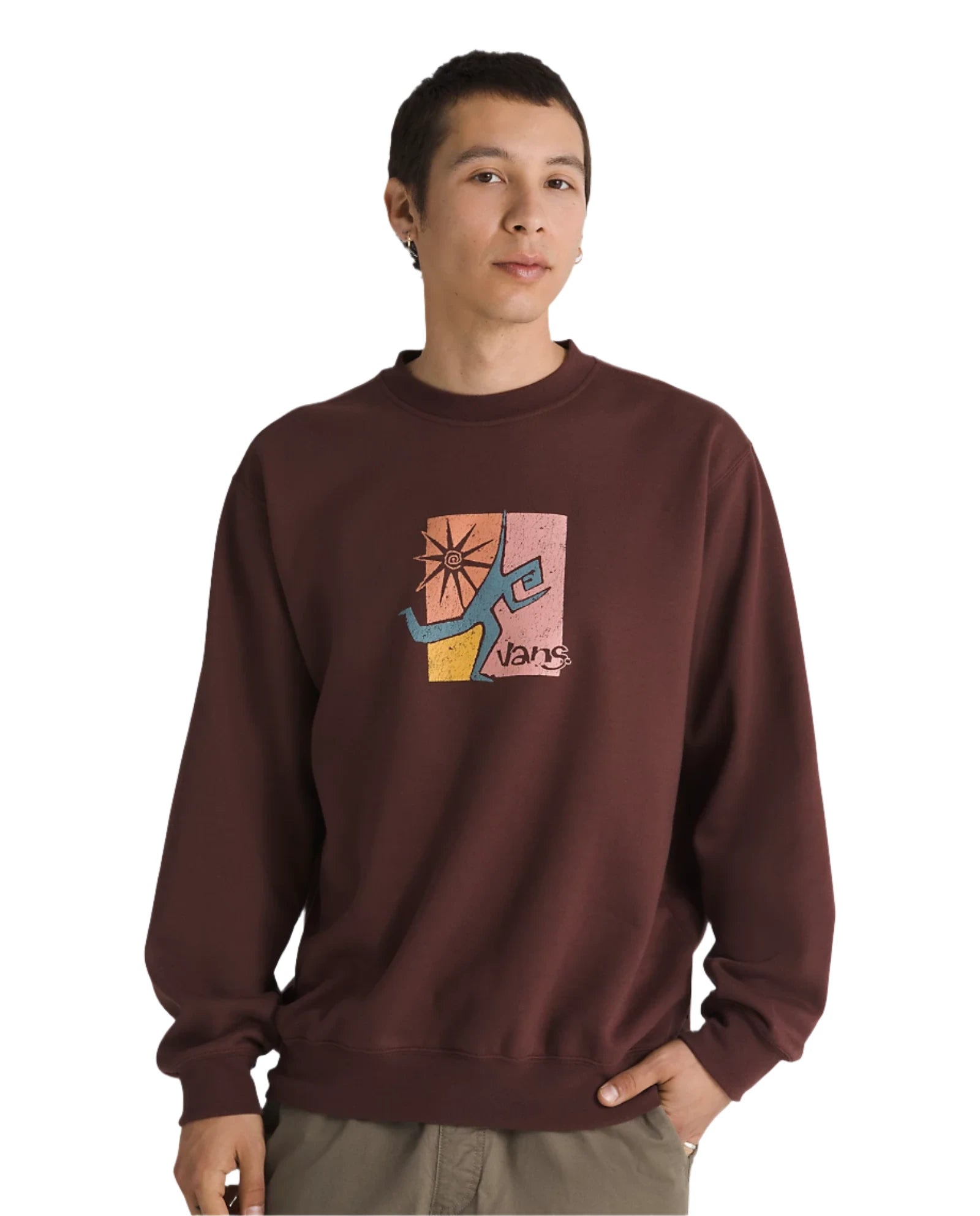 VANS Style Guy Loose Crewneck Sweater for Men - Bitter Chocolate Color | Casual Pullover Knit Sweatshirt for Streetwear & Everyday Comfort