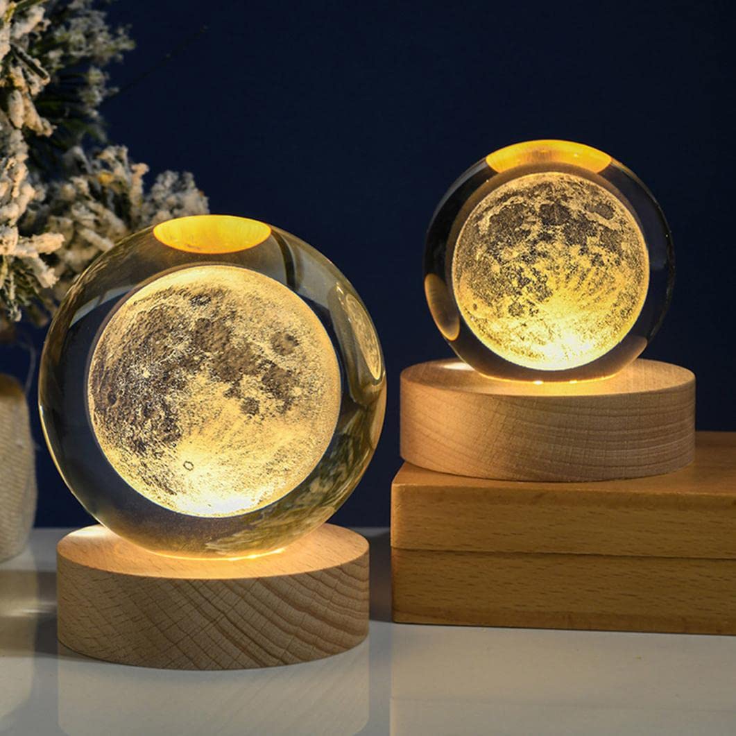 3D Glowing Planetary Galaxy Astronaut Crystal Ball Night Light - USB Powered LED Moon Globe Lamp with Wood Stand, Warm & RGB Color Changing Bedside Light for Nursery, Kids Room, Birthday Gifts (3.1 Inch) - Perfect for Bedtime Stories, Space-Themed Decor & Relaxing Ambiance