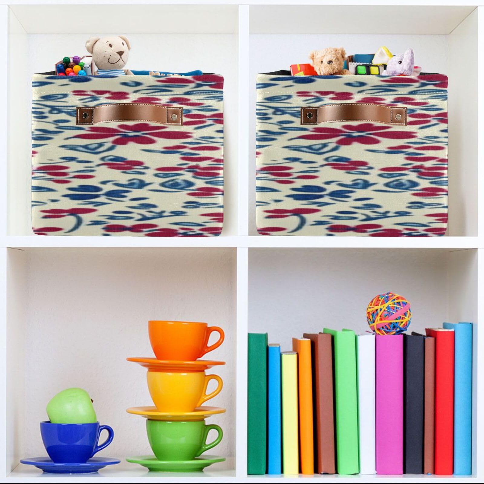 Large Foldable Storage Baskets with Handles - 2 Pack Creamy Red & Blue Floral Pattern - Closet Organizers, Shelf Bins for Home Organization (Perfect for Bedroom, Bathroom & Kids Room Storage)