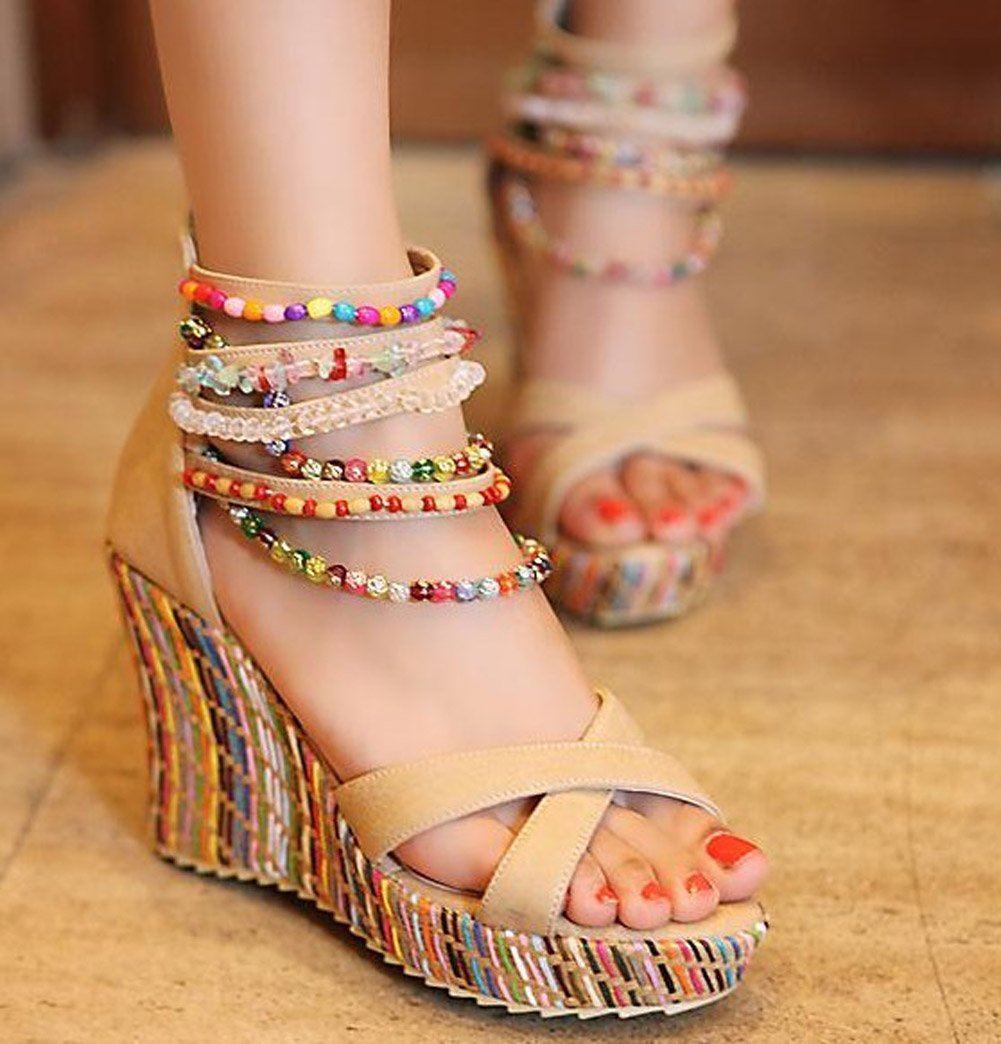 Getmorebeauty Women's Pearl Embellished Wedge Sandals - Comfortable Platform High Heels for Summer, Beach & Casual Outings