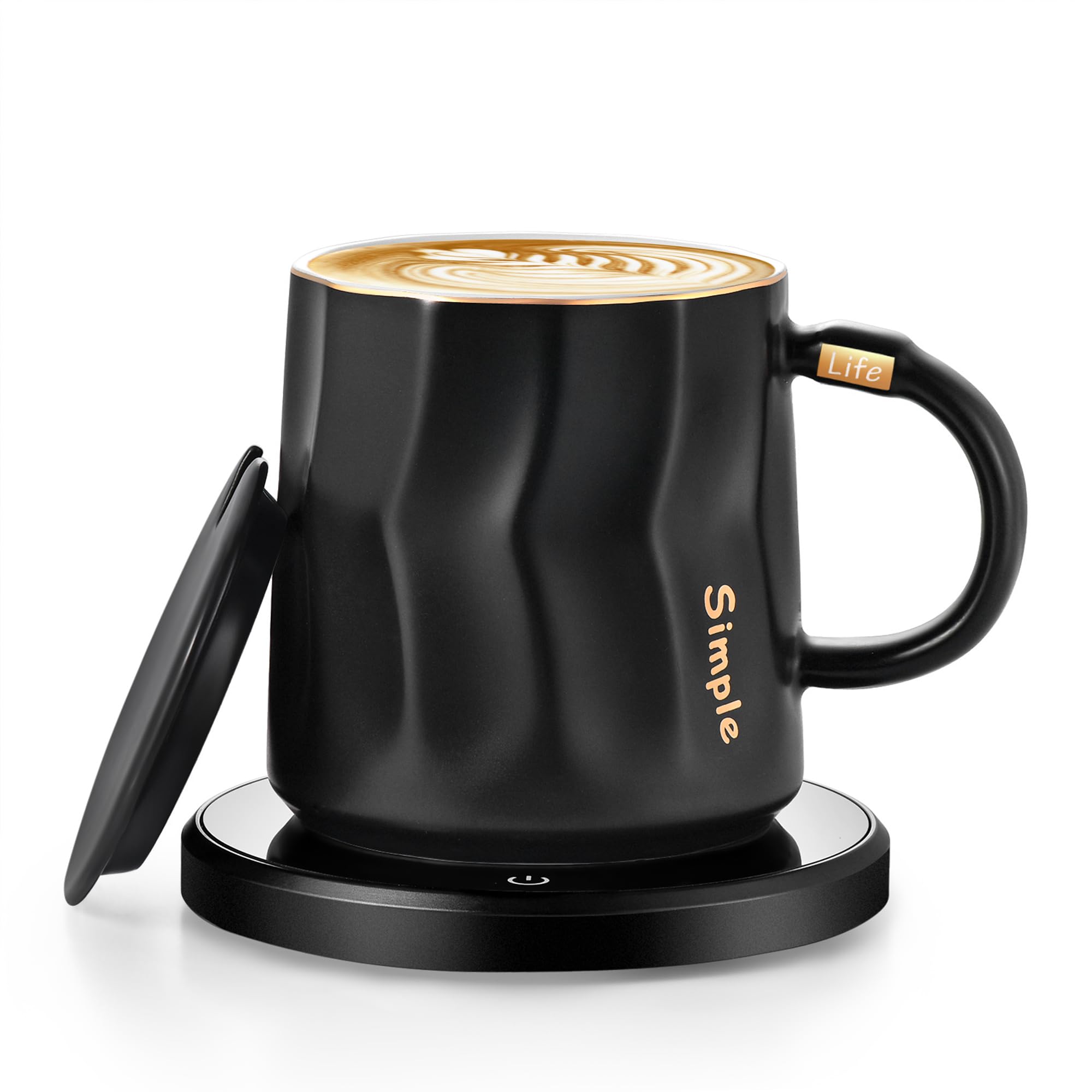KRGMNHR Smart Coffee Mug Warmer with Auto Shut Off - 13.5oz Flat-Bottomed Tea Cup Set - Pressure-Activated Technology for Home, Office & Desk Use - Perfect for Keeping Coffee, Tea & Beverages Warm All Day - Matte Black