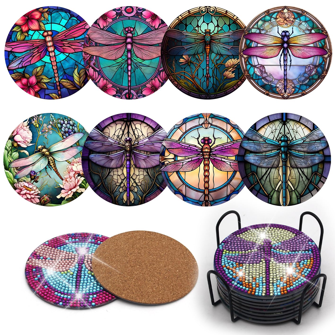 Dragonfly Diamond Painting Coasters Kit - 8PCS DIY Drink Coasters with Cork Base & Holder, Diamond Dot Art Painting Set for Adults & Beginners | Perfect for Home Decor, Gift Giving & Craft Projects