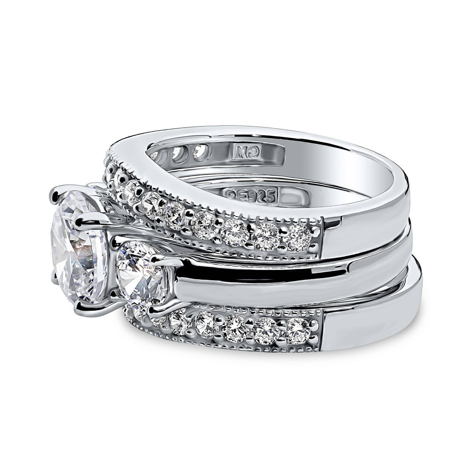 BERRICLE Sterling Silver 3-Stone Wedding & Engagement Ring Set for Women - 2.4 Carat Round Cut Cubic Zirconia CZ, Rhodium Plated, Sizes 4-10 | Perfect for Proposals, Anniversaries & Bridal Jewelry Gifts
