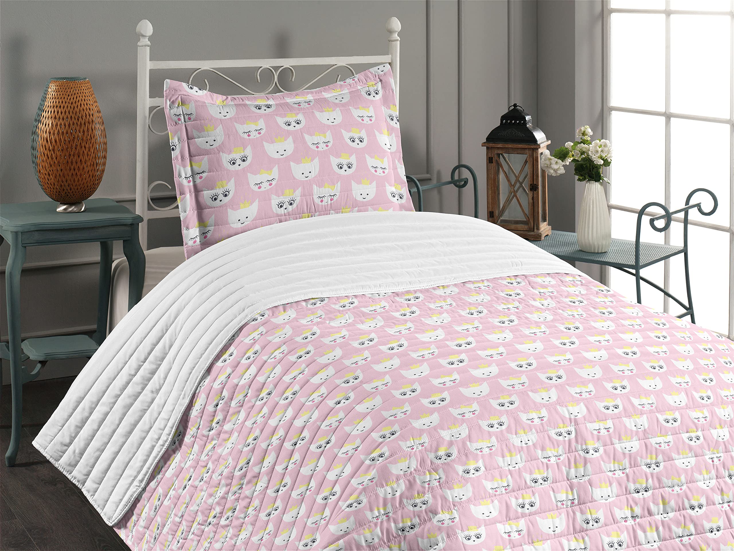 Lunarable Cat Microfiber Bedspread Set - Cartoon Kitty with Crown & Hat Design, Soft Twin Size Bedding Set with Pillow Sham & Comforter in Pale Pink & White | Perfect for Teen Girls' Room Decor, Cozy Bedroom Makeover, and Cat Lover Gift Ideas