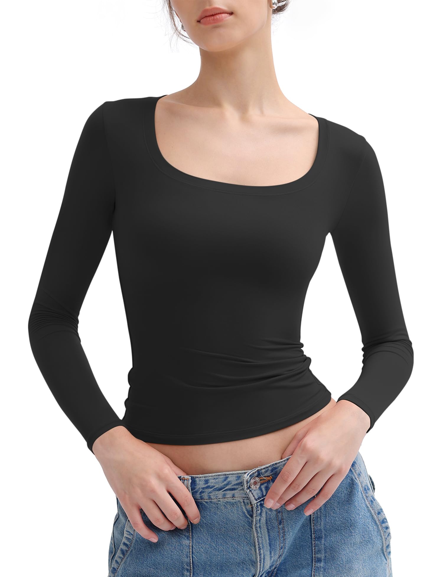PUMIEY Women's Long Sleeve T-Shirt - Slim Fit Scoop Neck Basic Tee, Double Lined Soft Cotton Top for Casual Wear, Work & Date Night (Smoke Cloud Collection)