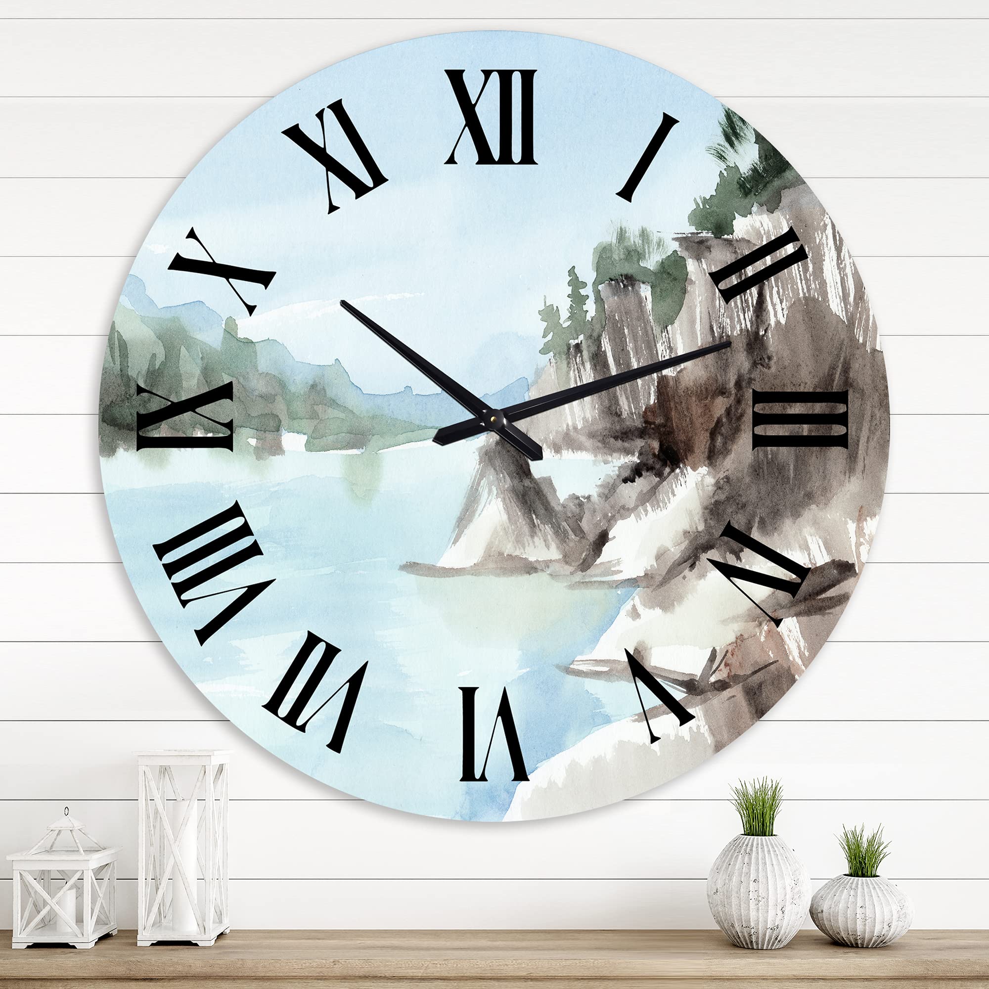 Lake House Wall Clock 'Rocks by The Blue Lake' - Large Landscape Nature Wall Clock for Living Room, Bedroom, Office Decor - Perfect for Rustic, Coastal & Farmhouse Style Homes