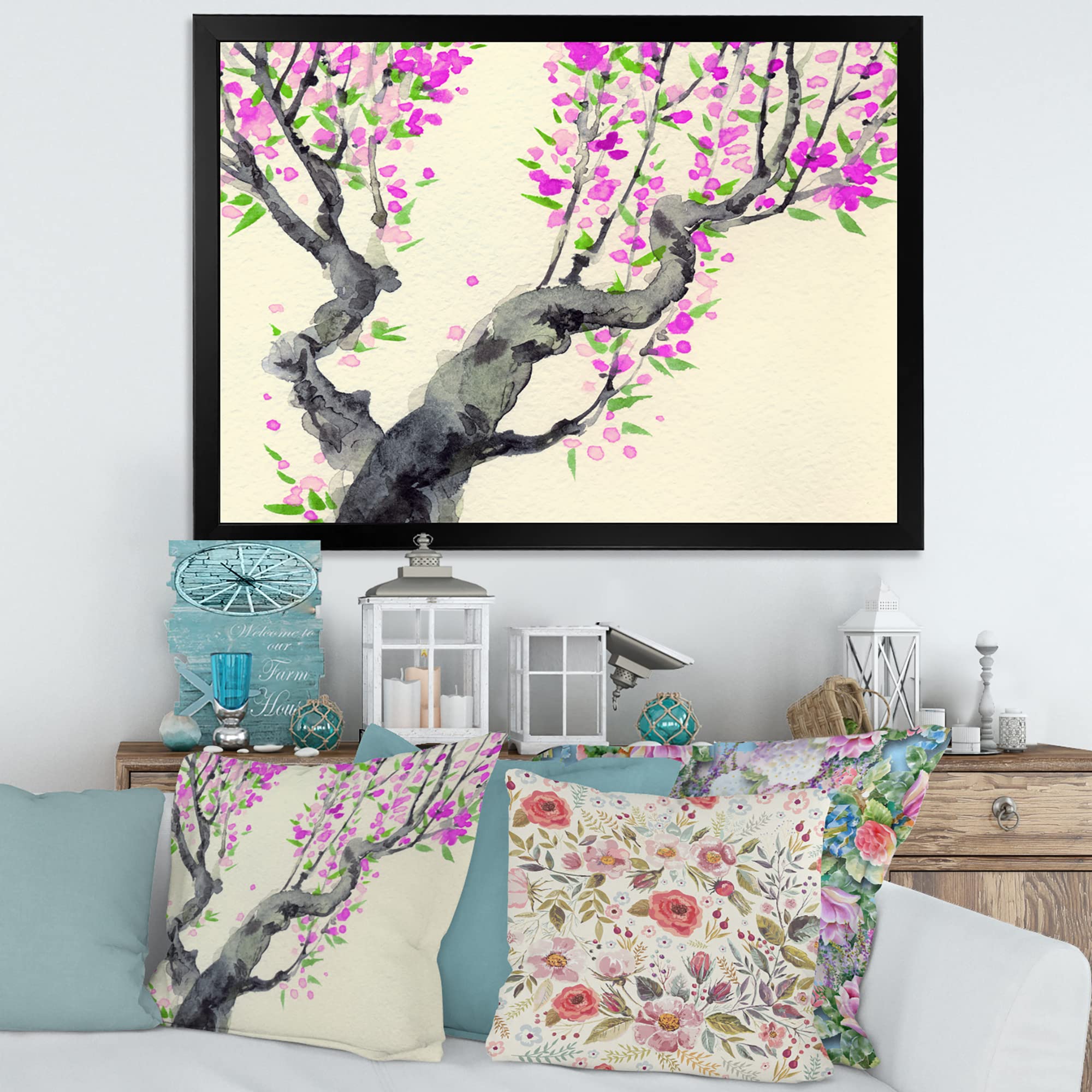 Japanese Traditional Purple Flowers Tree Framed Wall Art - Elegant Home Decor for Living Room, Bedroom & Office