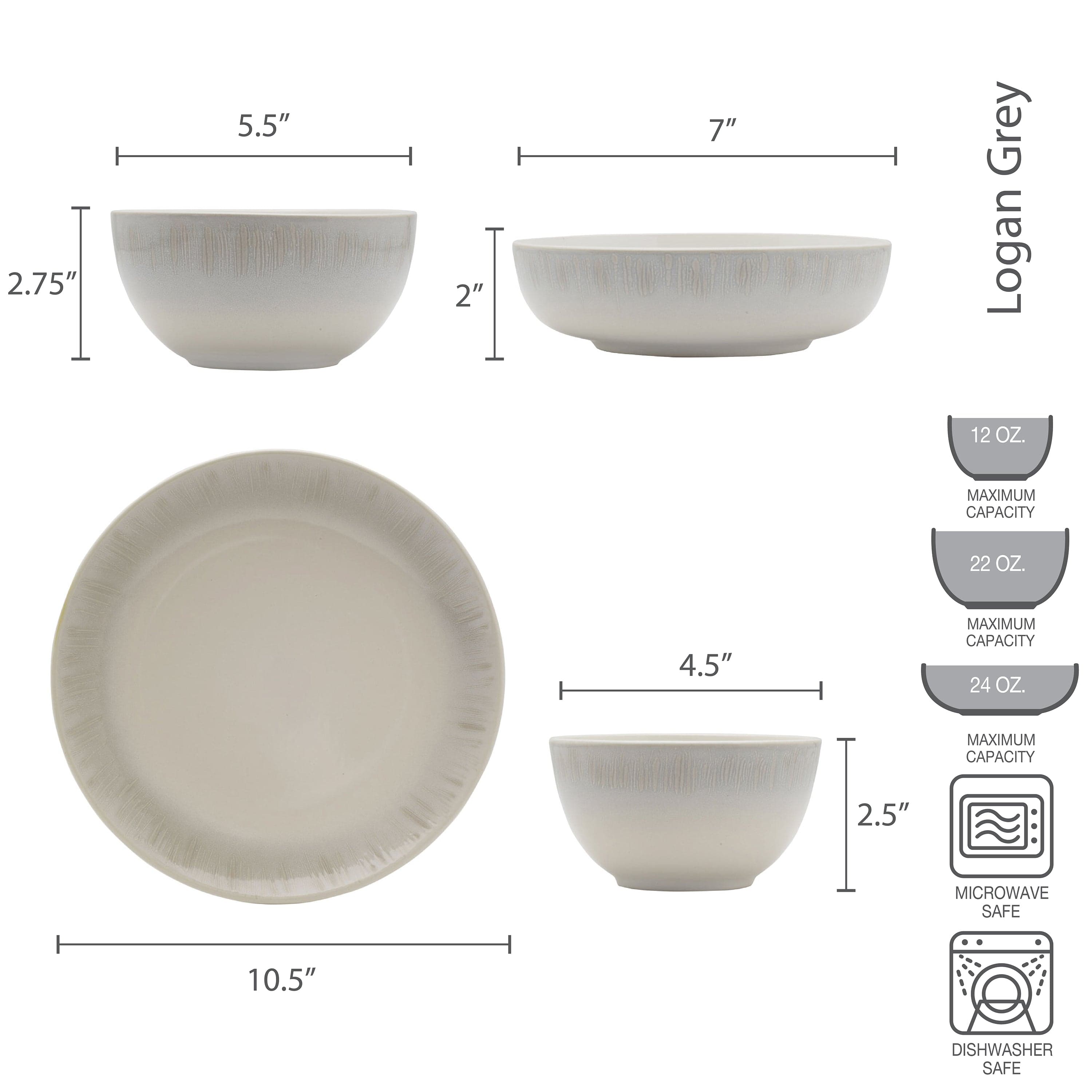 Logan Grey 32-Piece Dinnerware Set - Service for 8 People - Porcelain Plates, Bowls & Mugs - Elegant Dinnerware for Family Gatherings, Dinner Parties & Everyday Use