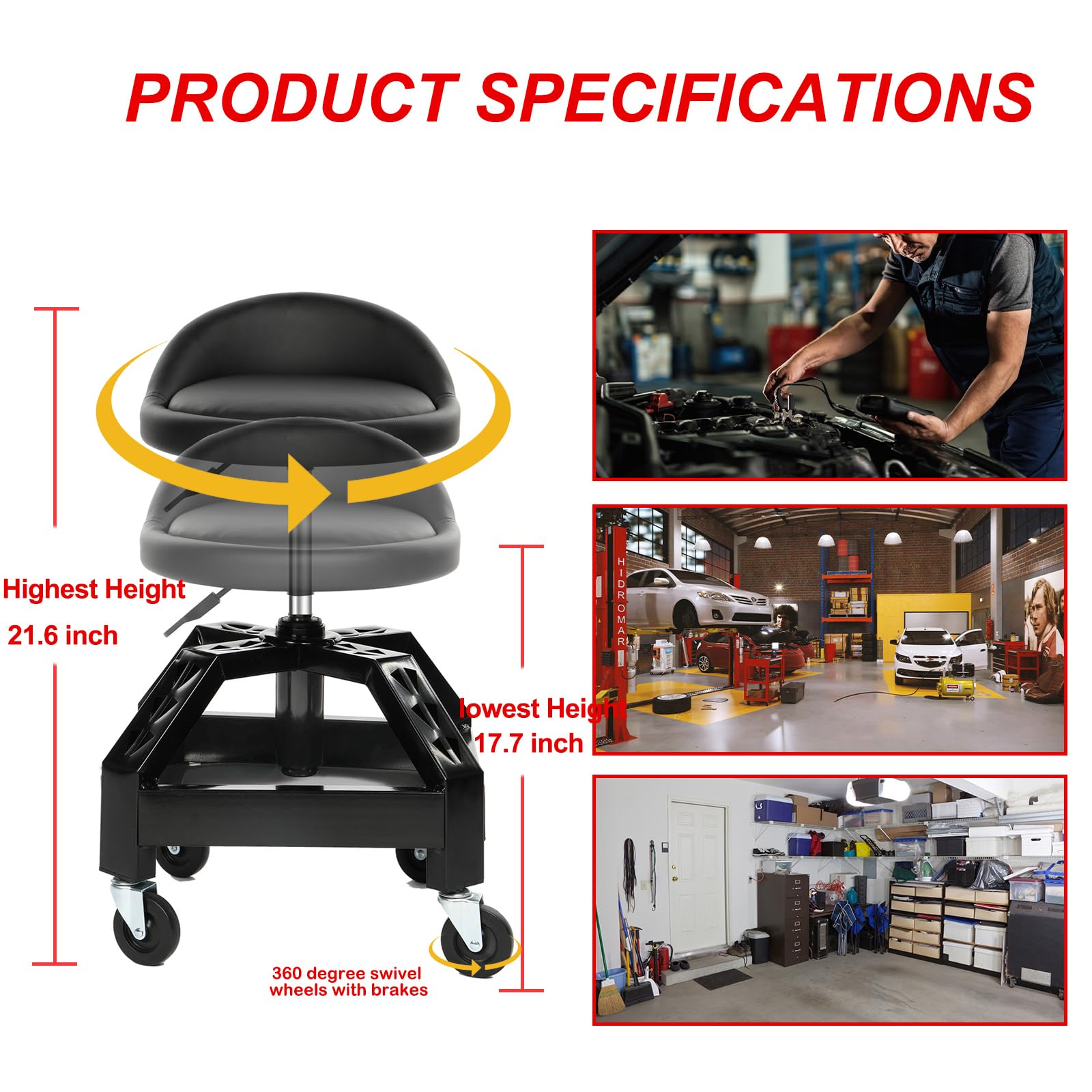 Heavy Duty Adjustable Rolling Mechanic Stool with Lockable 360° Wheels & Tool Tray - 350 Lbs Capacity Garage Shop Rolling Seat for Mechanics, DIY Enthusiasts - Perfect for Auto Repair, Workshop & Home Garage Use
