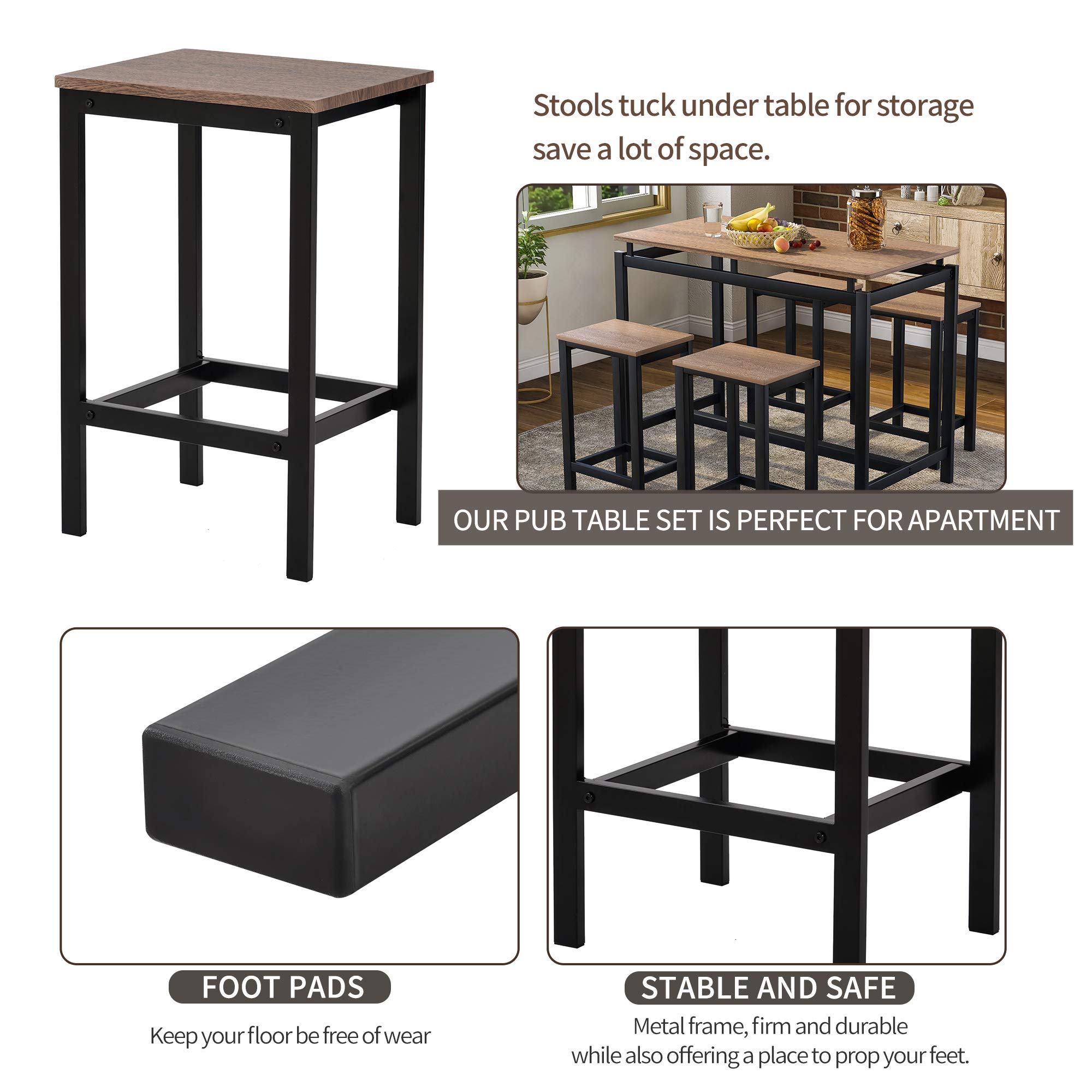 5-Piece Industrial Counter Height Dining Table Set with 4 Bar Stools - Space Saving Rectangular Dark Brown Kitchen Dinette (47.2''L x 23.6''W x 35''H) - Perfect for Small Apartments, Kitchens, Breakfast Nooks & Pub Style Dining