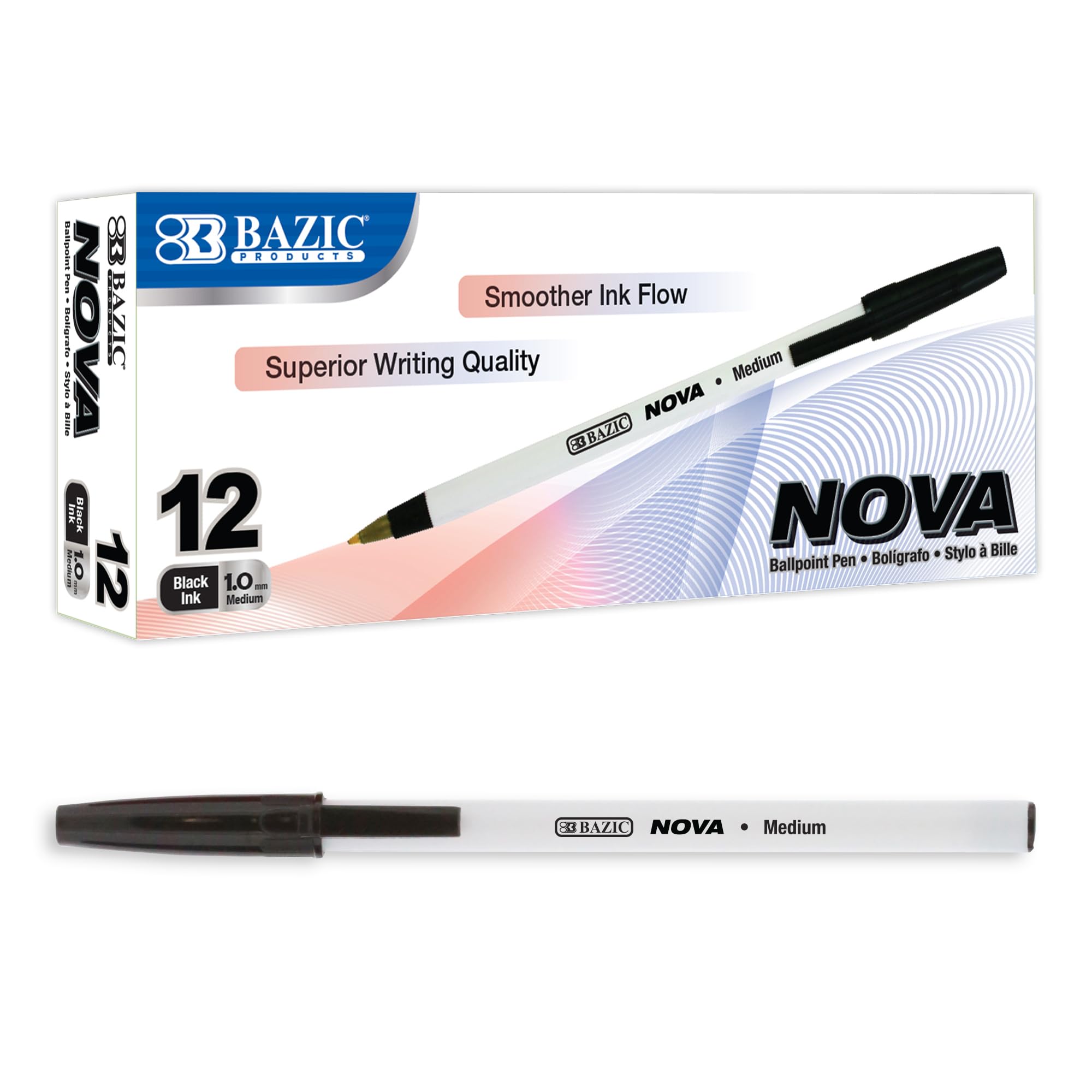 BAZIC Ballpoint Pens Nova Black 1.0mm Bold Point Smooth Writing Pens - 12 Pack (144 Total) for School, Office, Note Taking & Gift Giving