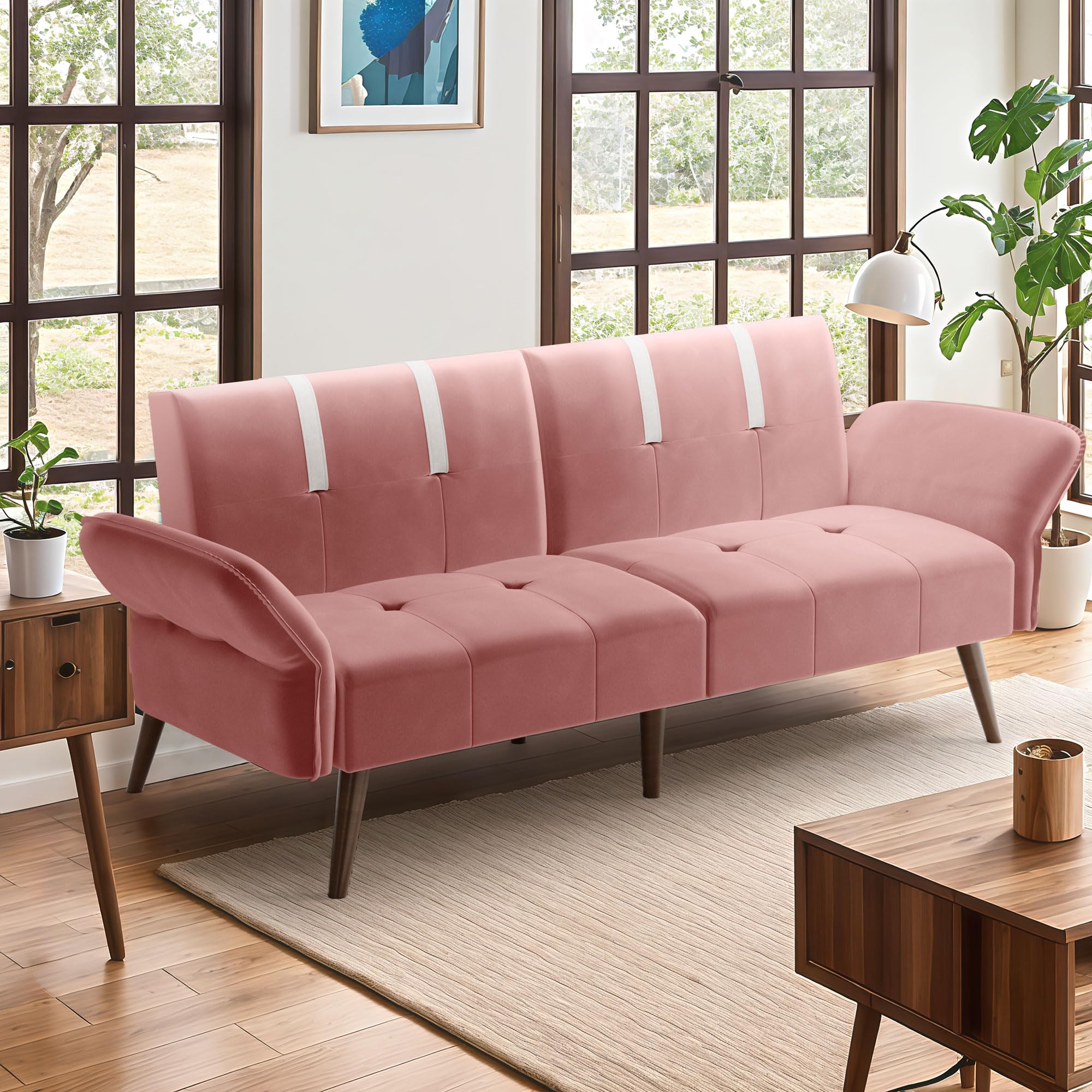 Shintenchi Modern Velvet Futon Sofa Bed - Convertible Folding Sleeper Couch for Small Spaces, Living Room, Apartment & Office - Adjustable Armrests & Backrest - Pink (Perfect for Guest Room, Studio & Dormitory)
