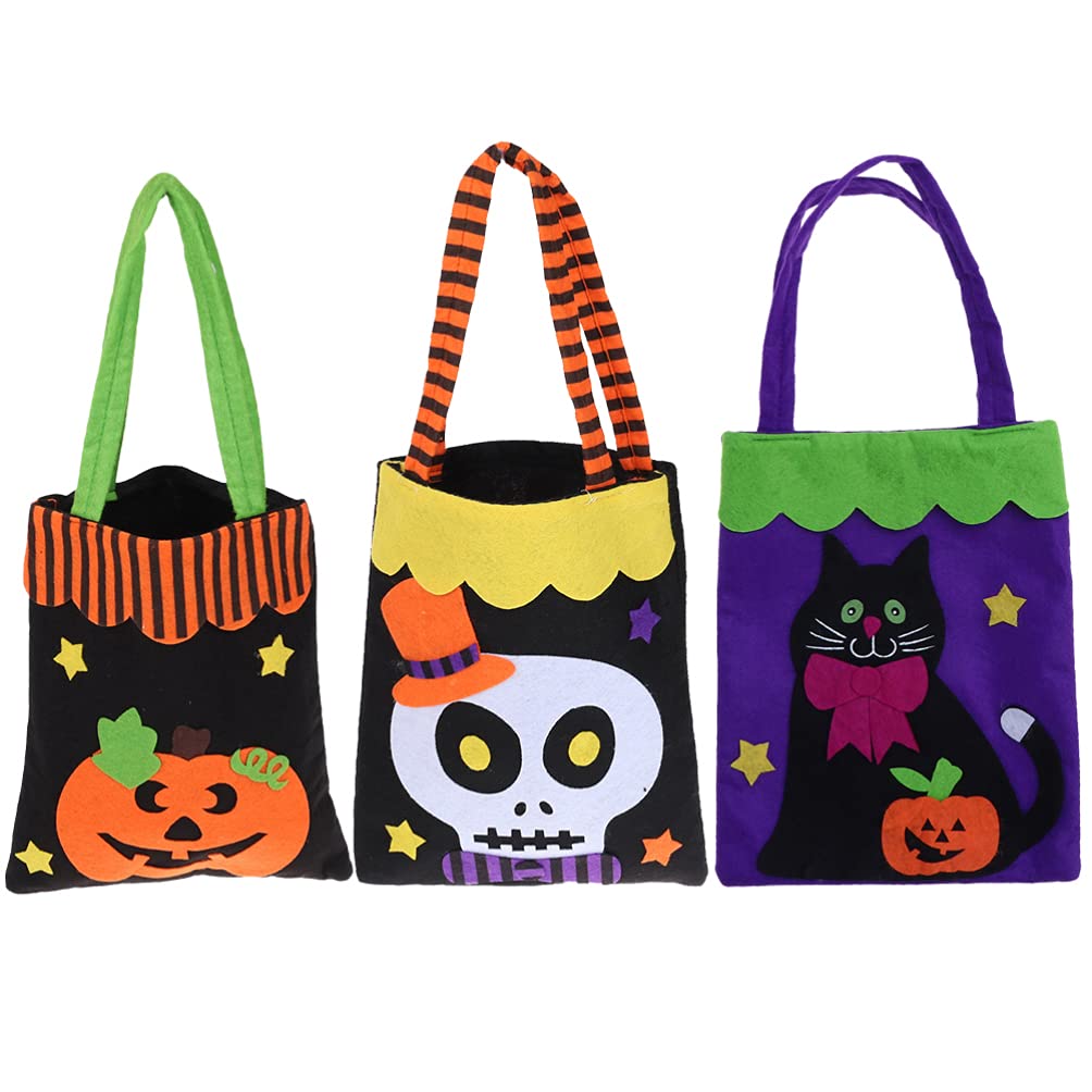 PATKAW 3-Pack Halloween Trick or Treat Bags - Reusable Ghost Pumpkin Black Cat Design Candy Goodie Bags with Handles for Halloween Parties, School Events & Neighborhood Treating