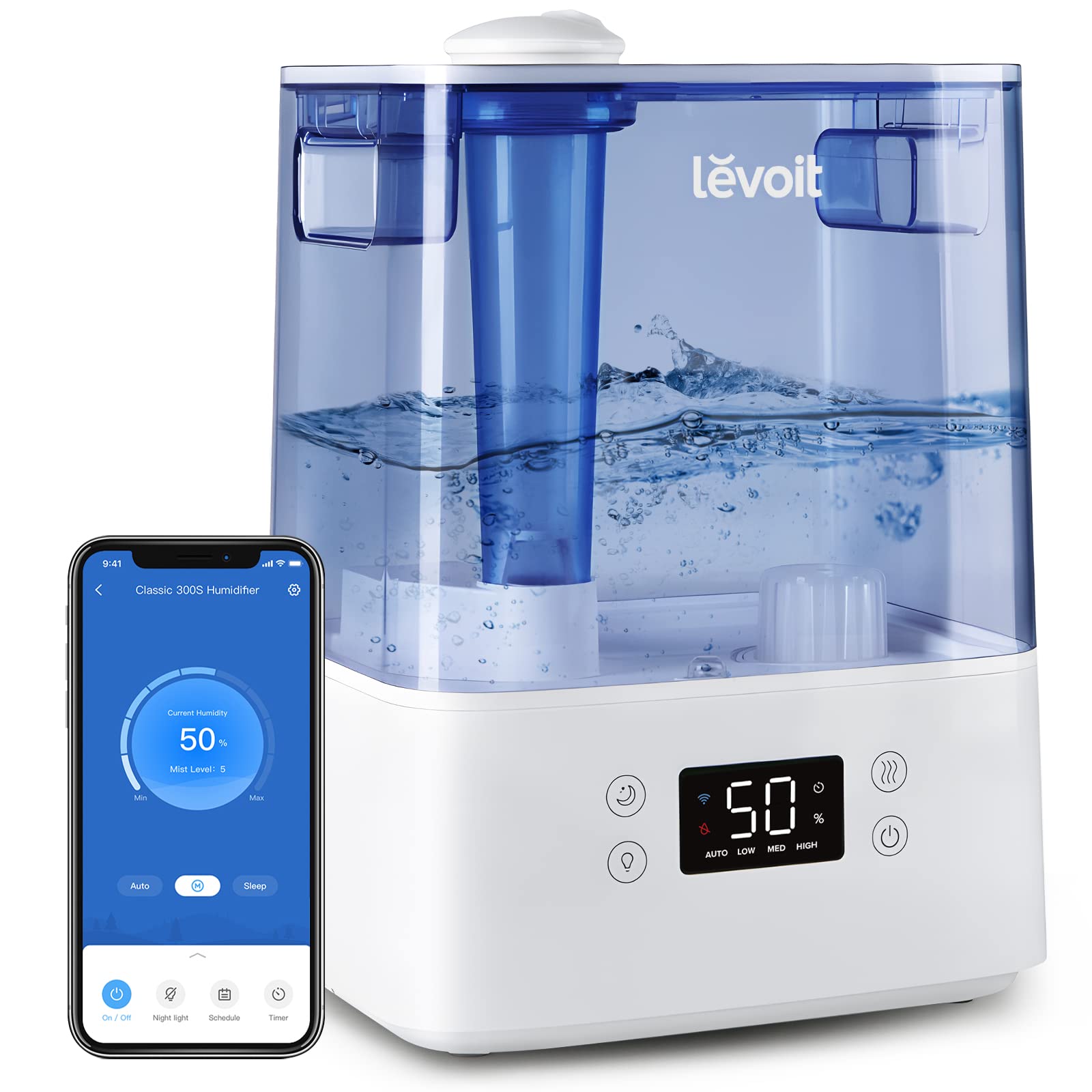 LEVOIT 6L Humidifier for Large Bedrooms - Warm & Cool Mist with Essential Oil Diffuser, Built-in Humidity Sensor & Timer - Perfect for Home, Nursery, Office & Indoor Plants (White & Blue)