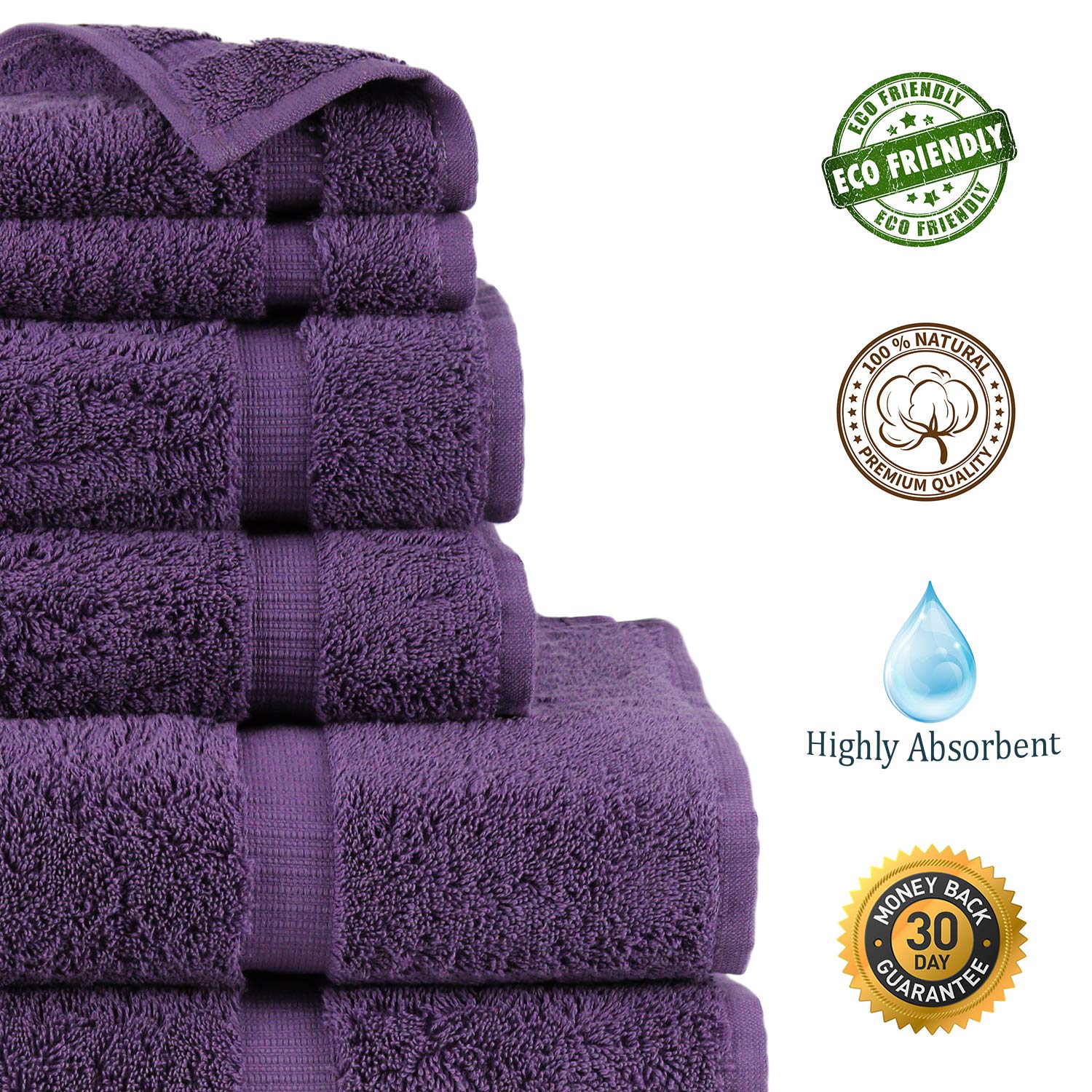 Premium 100% Turkish Cotton Bath Towel Set - 6 Piece (Purple) | Ultra Soft & Absorbent | Luxury Spa, Beach & Home Use