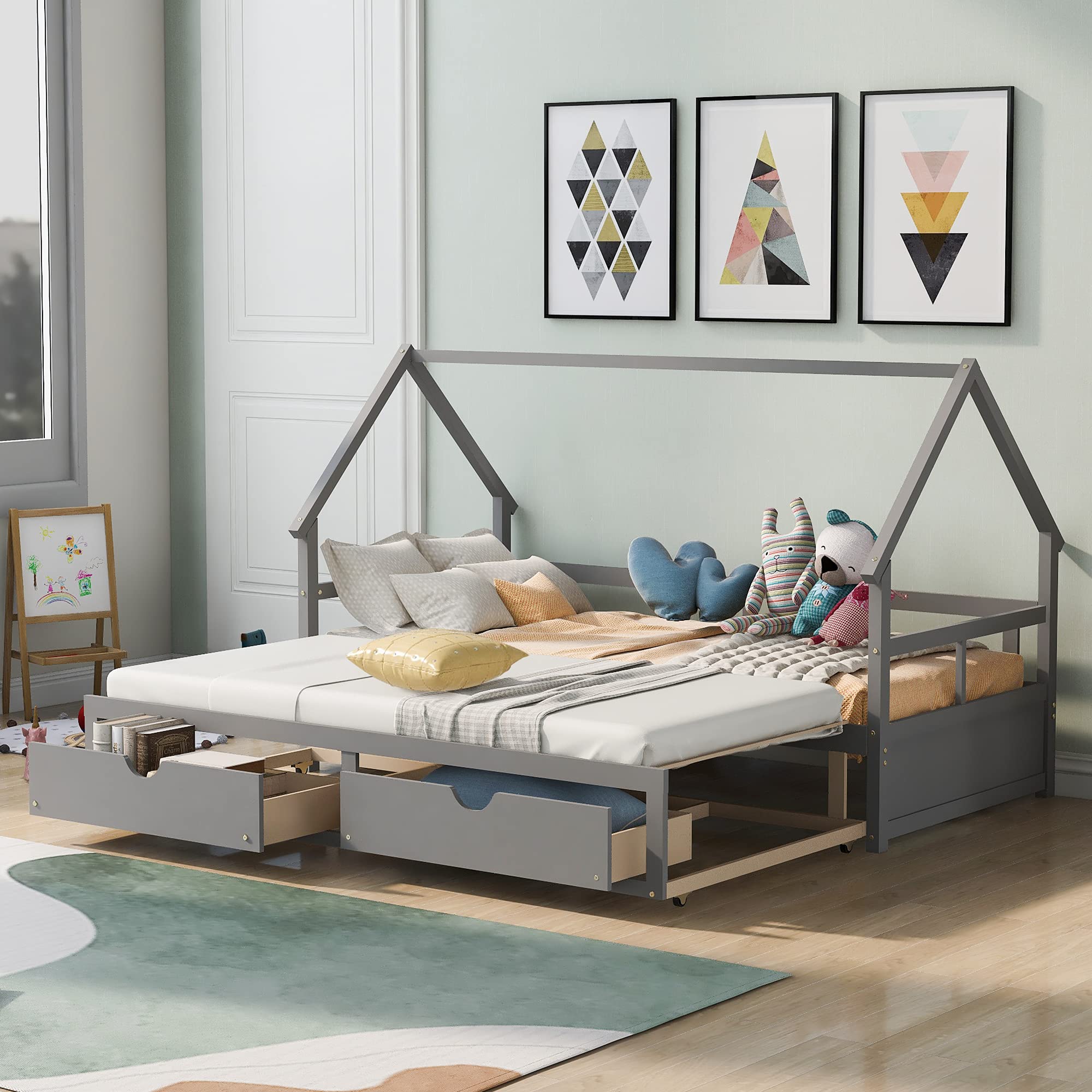P PURLOVE Twin Size Wood Daybed with Drawer - Extendable Daybed for Kids & Teens, No Box Spring Needed - Perfect for Guest Room, Dorm or Small Space Bedroom