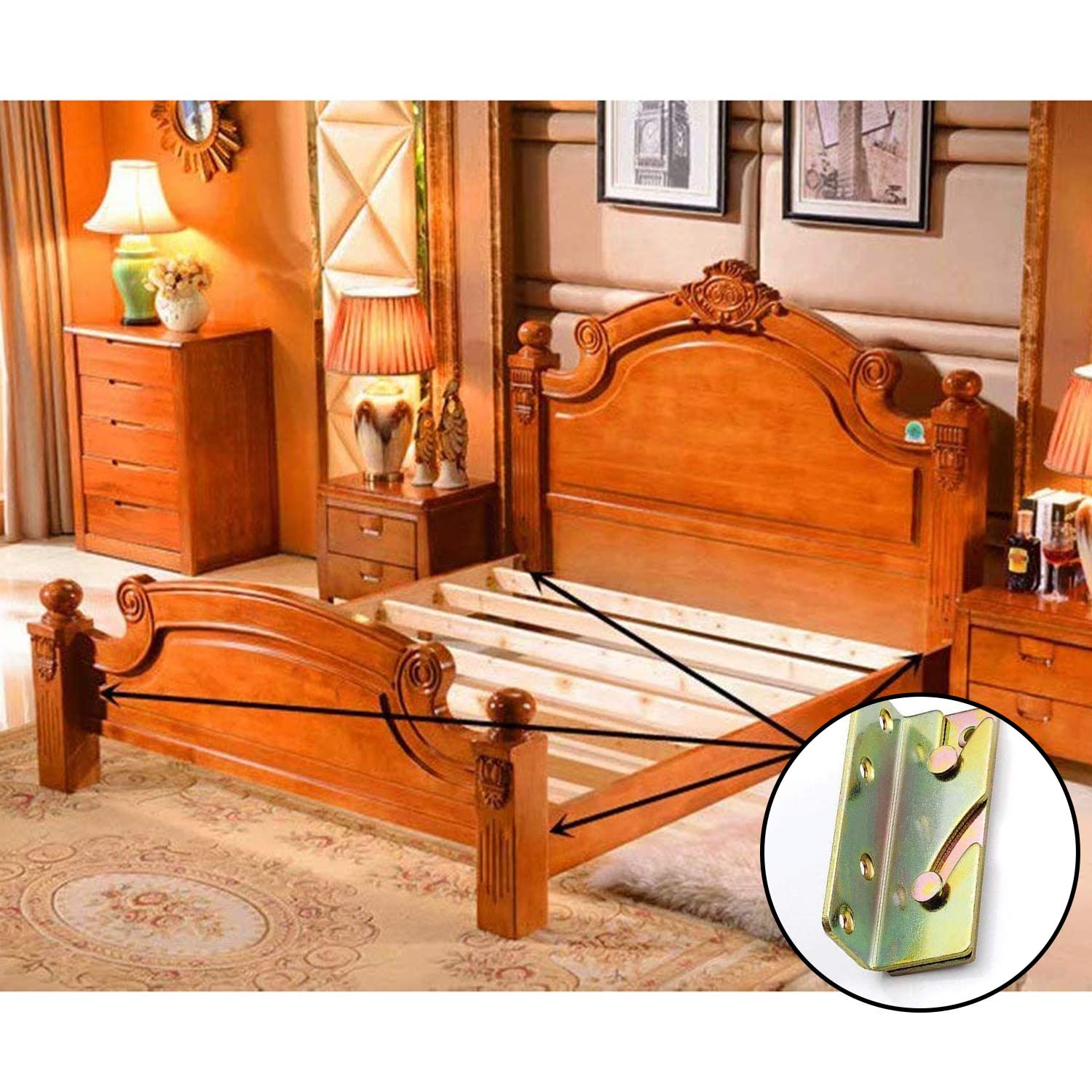 Heavy Duty No-Mortise Bed Rail Brackets Set of 4 - Steel Gold Brackets & Plates with Screws for Wooden Bed Frames, Rails, Headboards & Footboards - Perfect for Bed Frame Assembly, Repair and DIY Furniture Projects