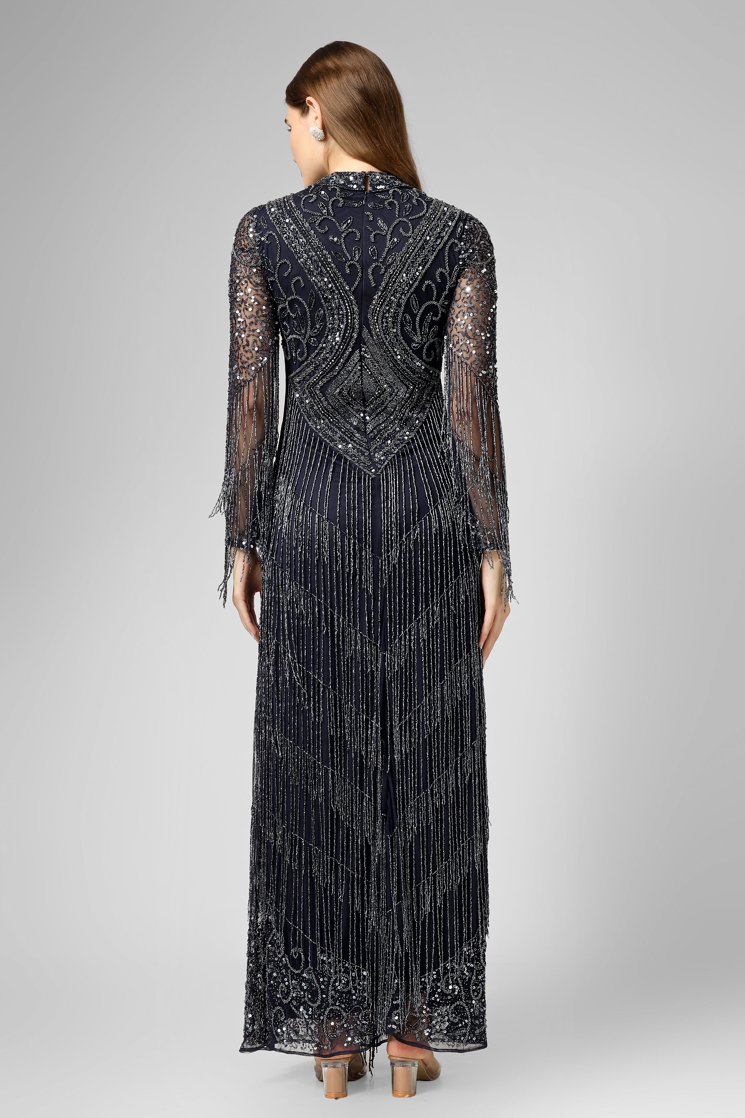 Lissy Navy Blue Fringe Maxi Dress for Women - Boho Beach Wedding Party Dress with Long Sleeves & Flowy Hem - Perfect for Summer Vacations, Music Festivals, and Evening Events