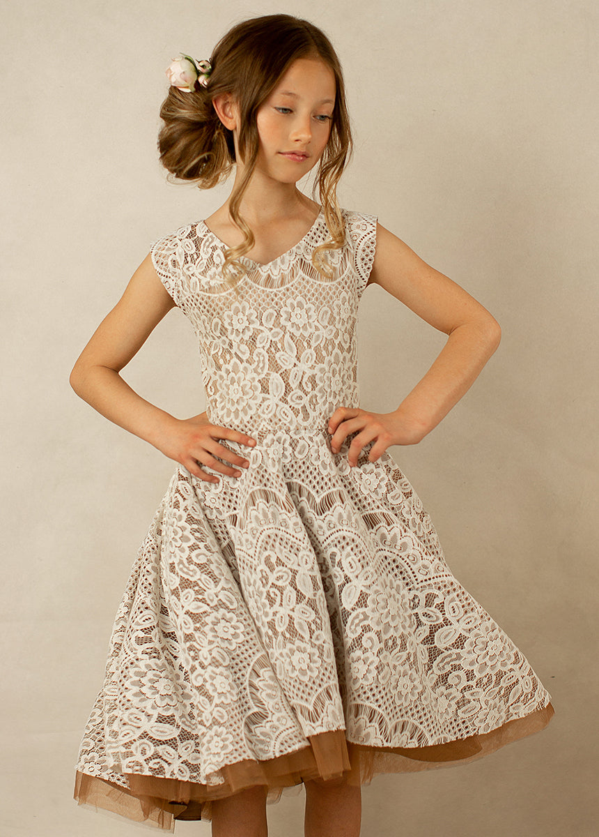 Lezah Flower Girl Dress in Chai - Elegant Lace Tea-Length Dress for Weddings & Special Occasions