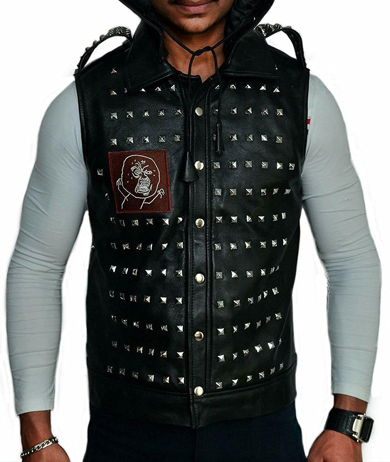 WD 2 Watch Dogs Dedsec Wrench Jacket Shawn Baichoo Vest - Real Leather Biker Jacket for Men, Cosplay Costume & Gaming Merchandise - Perfect for Halloween, Comic Con & Video Game Themed Parties