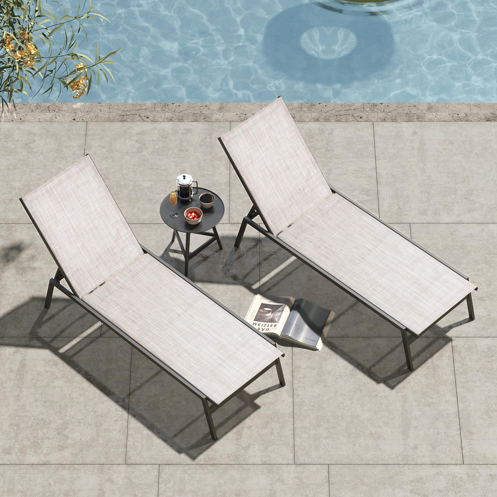 Pellebant Outdoor Lounge Chairs Set of 2 - Adjustable Backrest Patio Chaise Lounges, Rustproof Poolside Sunbathing Chairs for Deck, Beach & Backyard (2-Piece, Beige) | Perfect for Relaxing by the Pool, Garden or Outdoor Spaces