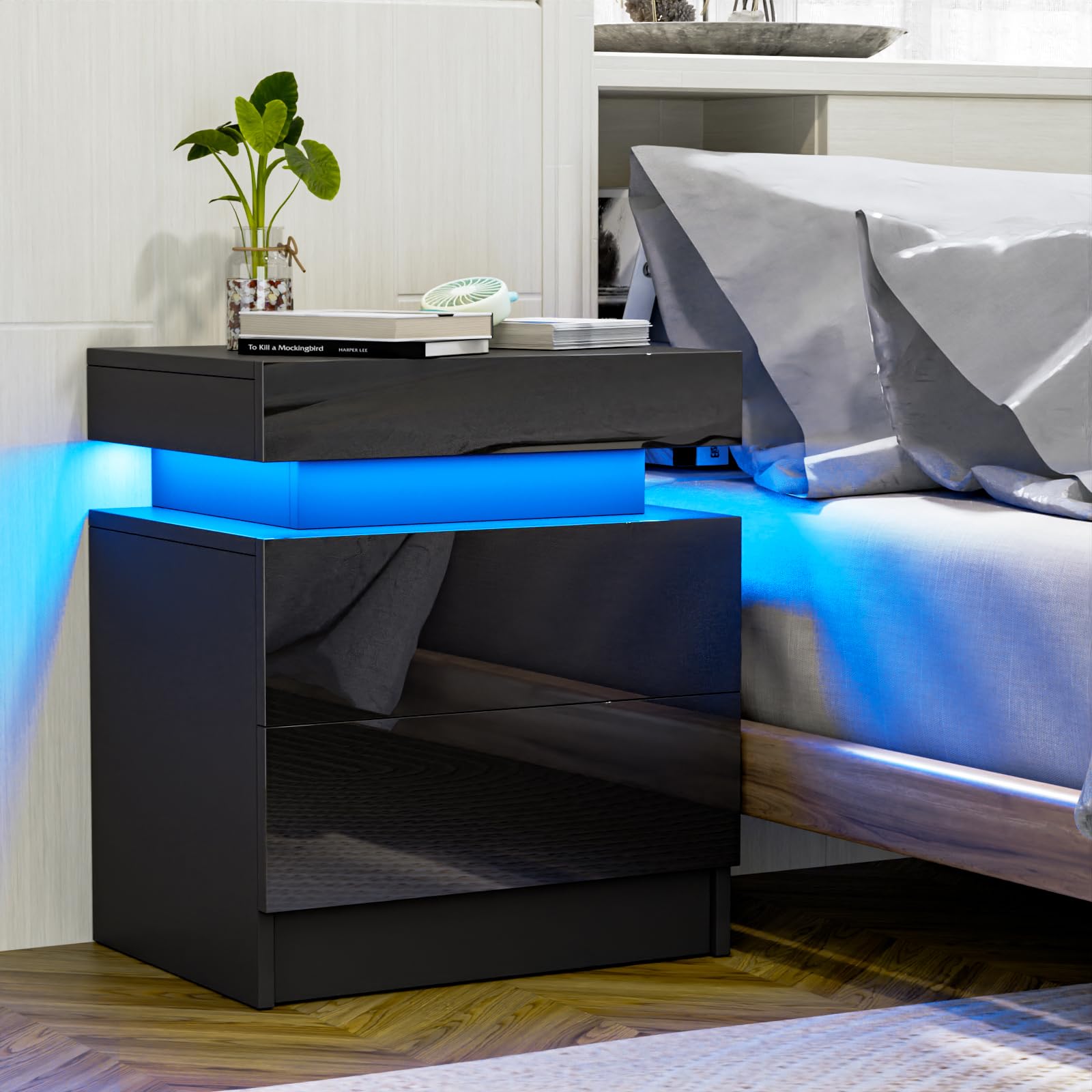 Modern LED Nightstand with 2 Drawers - Smart Bedside Table for Bedroom - Night Light & Storage Solution